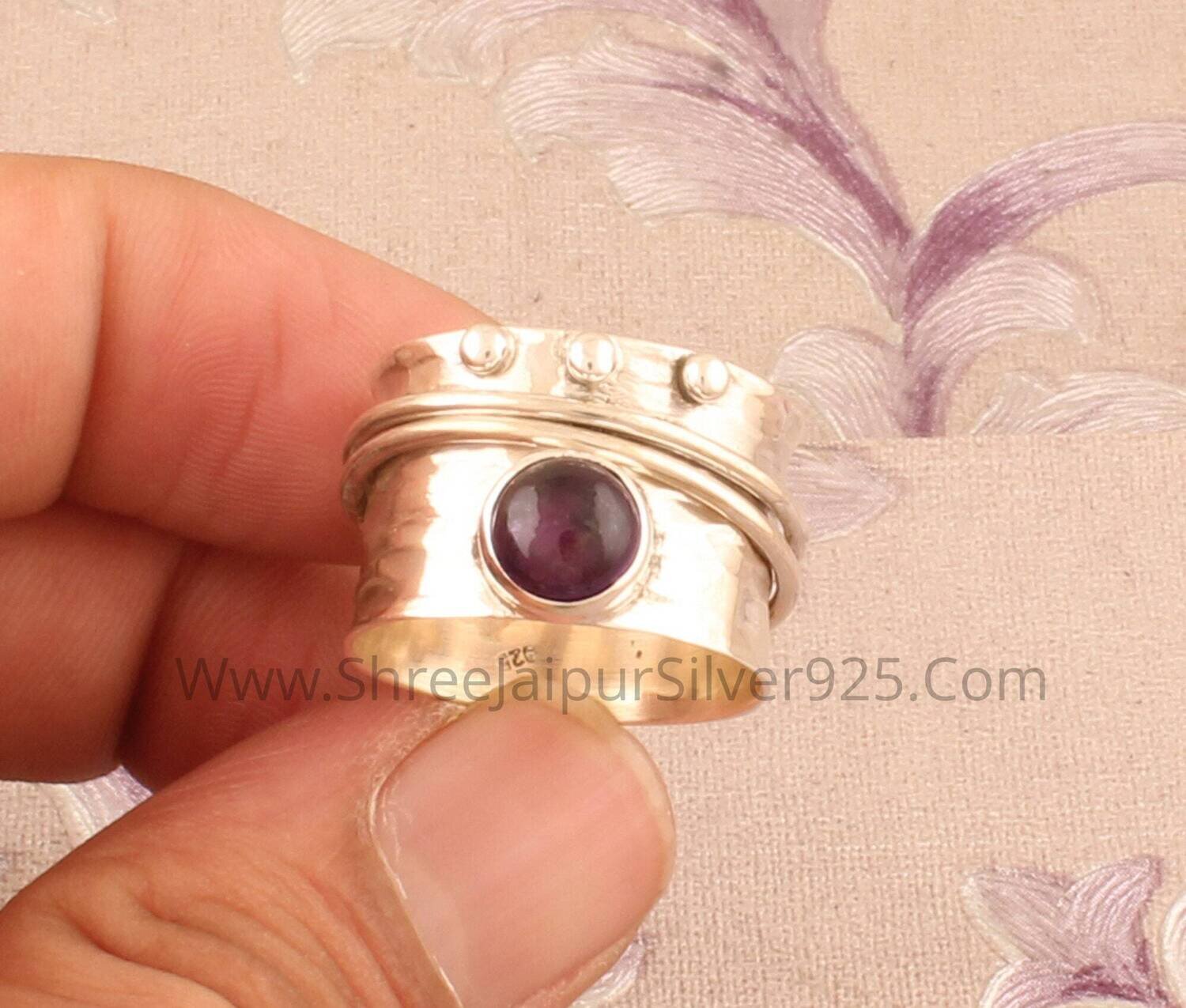 Amethyst Solid 925 Sterling Silver Spinner Ring For Women, Hammered Silver Band Ring, Handmade Round Stone Ring, Meditation Boho Ring Gift