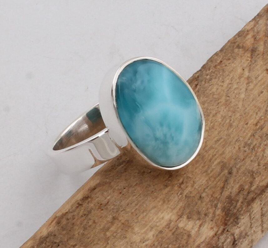 Oval Shape Ring Natural Larimar Top Quality Gemstone Ring 925-Silver Sterling Ring handmade Ring Simple Ring (Middle Finger Ring )Cyber2021
