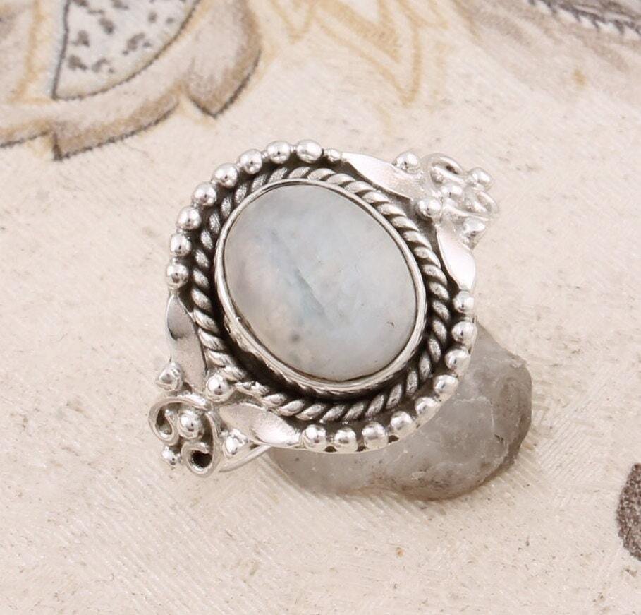 925 Sterling Silver Rings For Women, Natural Rainbow Moonstone Ring, Oval Cabochon Handmade Gemstone Jewelry, Engagement, Boho, Gift For Mom