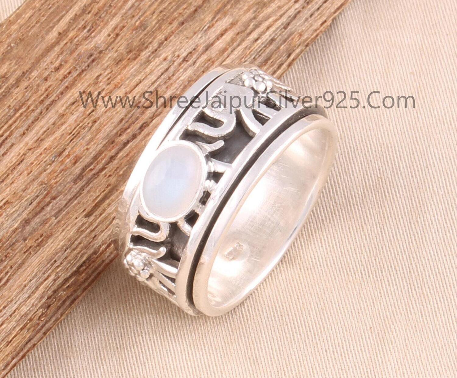 Rainbow Moonstone Oval Solid 925 Sterling Silver Elephant Spinner Ring For Women, Handmade Band Anxiety Fidget Ring Gift Anniversary