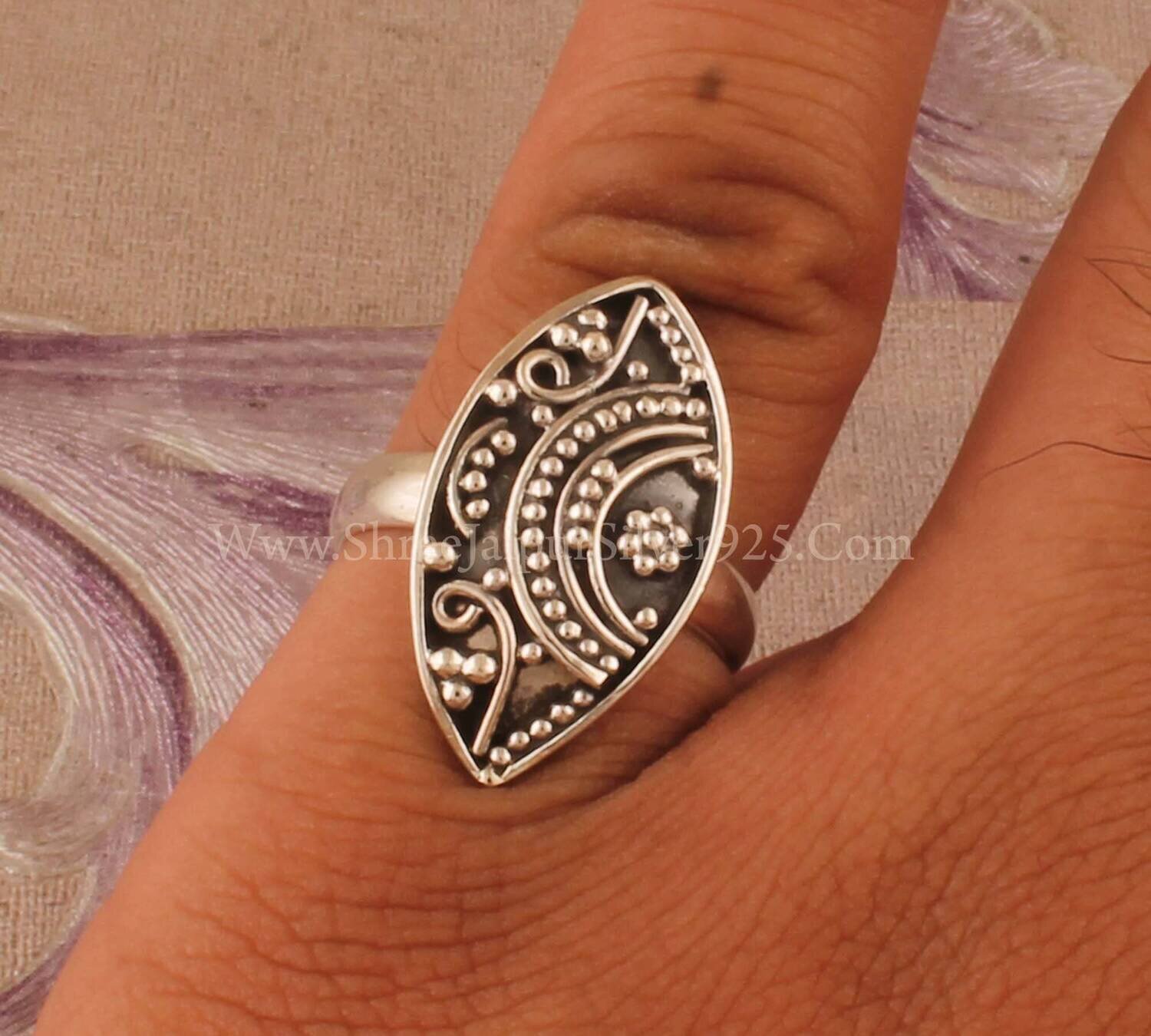 Engraved Oxidized Marquise Solid 925 Sterling Silver Ring For Women, Handmade Oxidised Bridesmaid Ring For Wedding Anniversary Gift For Her