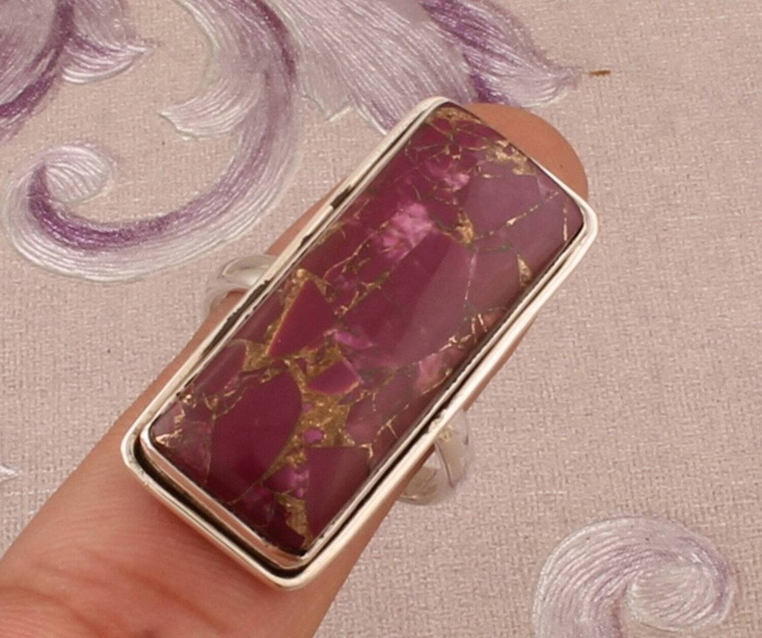 925 Sterling Silver Purple Copper Turquoise Ring, Rectangle Gemstone Silver Ring, Handmade Boho Rings, Index Finger Rings For Women Gift