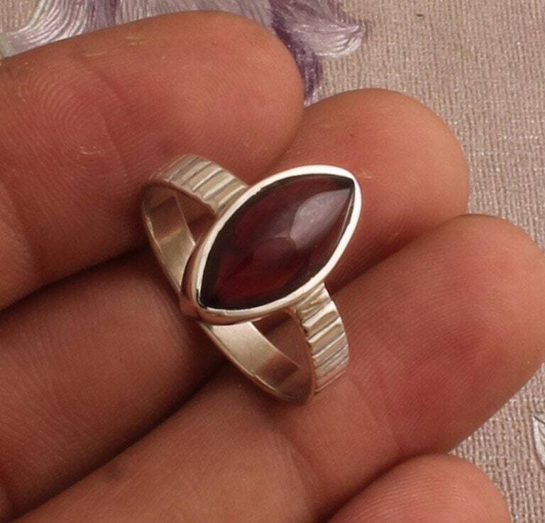 Natural Red Garnet Silver Ring, 925 Sterling Silver Marquise Gemstone Ring, Designer Ring, Handcrafted Ring, Engagement Ring, Gift For Her