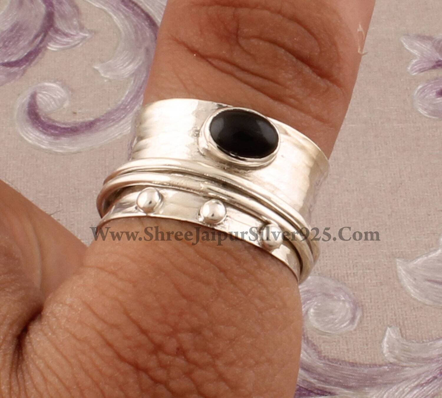 Black Onyx Lucifer Solid 925 Sterling Silver Spinner Ring For Women, Handmade Oval Onyx Meditation Wedding Ring BohoBirthstone