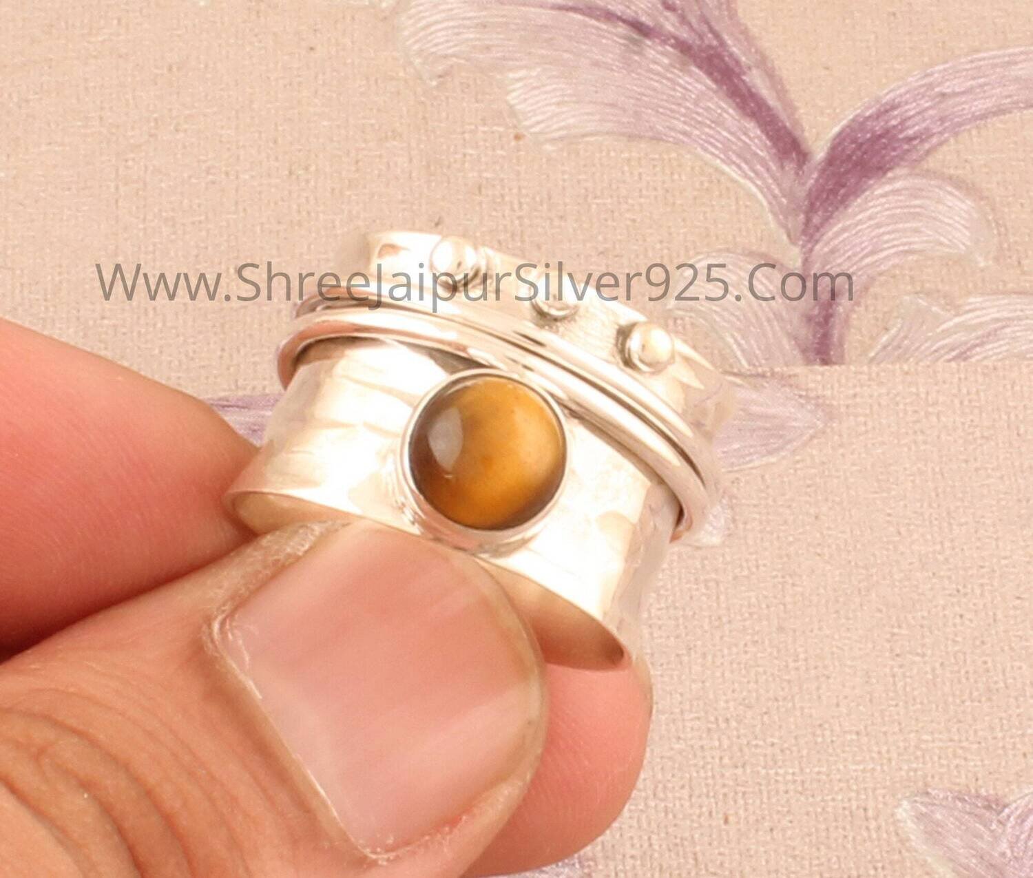 Tiger Eye Solid 925 Sterling Silver Spinner Ring For Women, Hammered Silver Band Ring, Handmade Round Stone Ring, Meditation Boho Jewelry