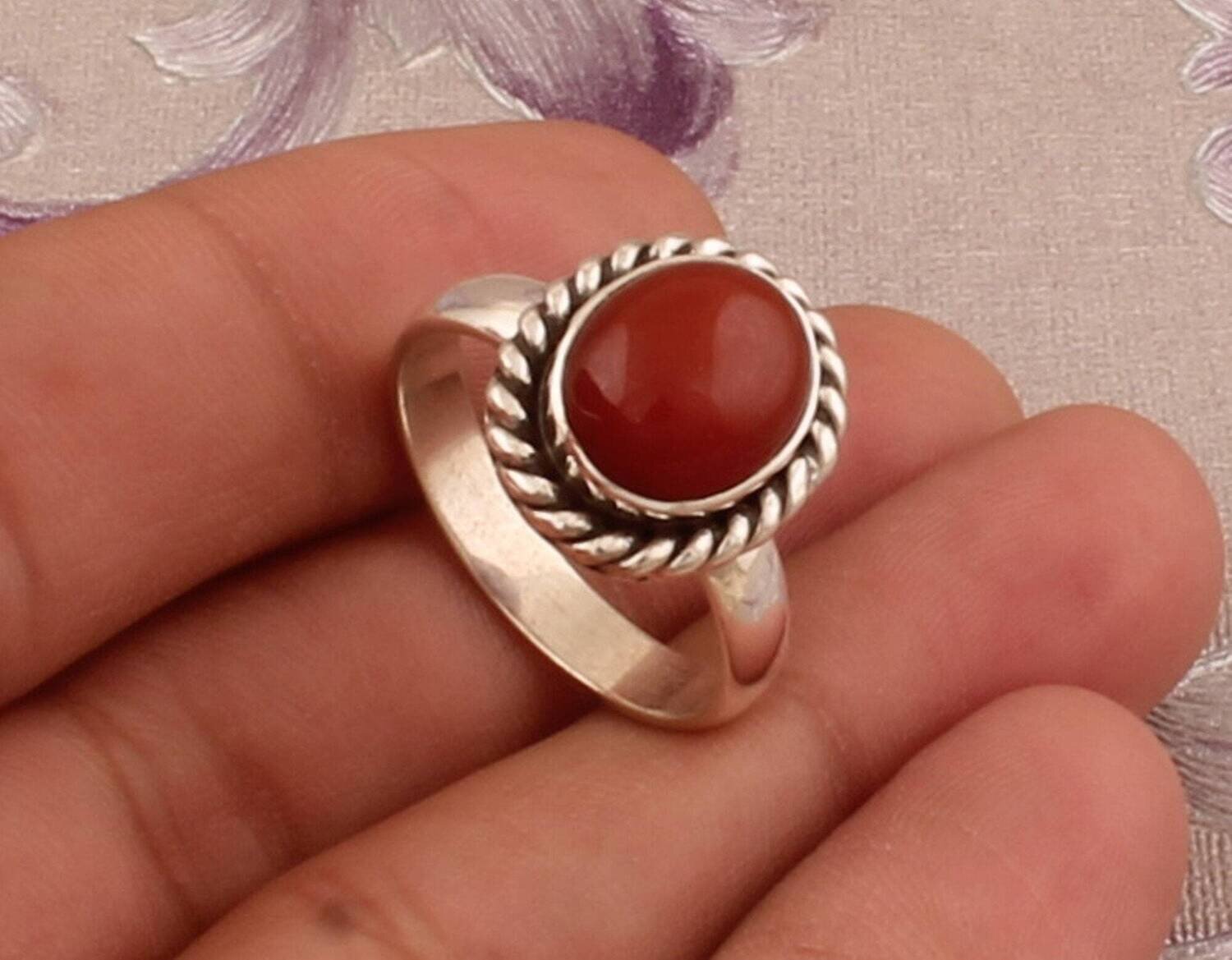925 Sterling Silver Natural Red Onyx Oval Gemstone Ring, Designer Handmade Rope Silver Ring, Valentine's Day Jewelry Gift