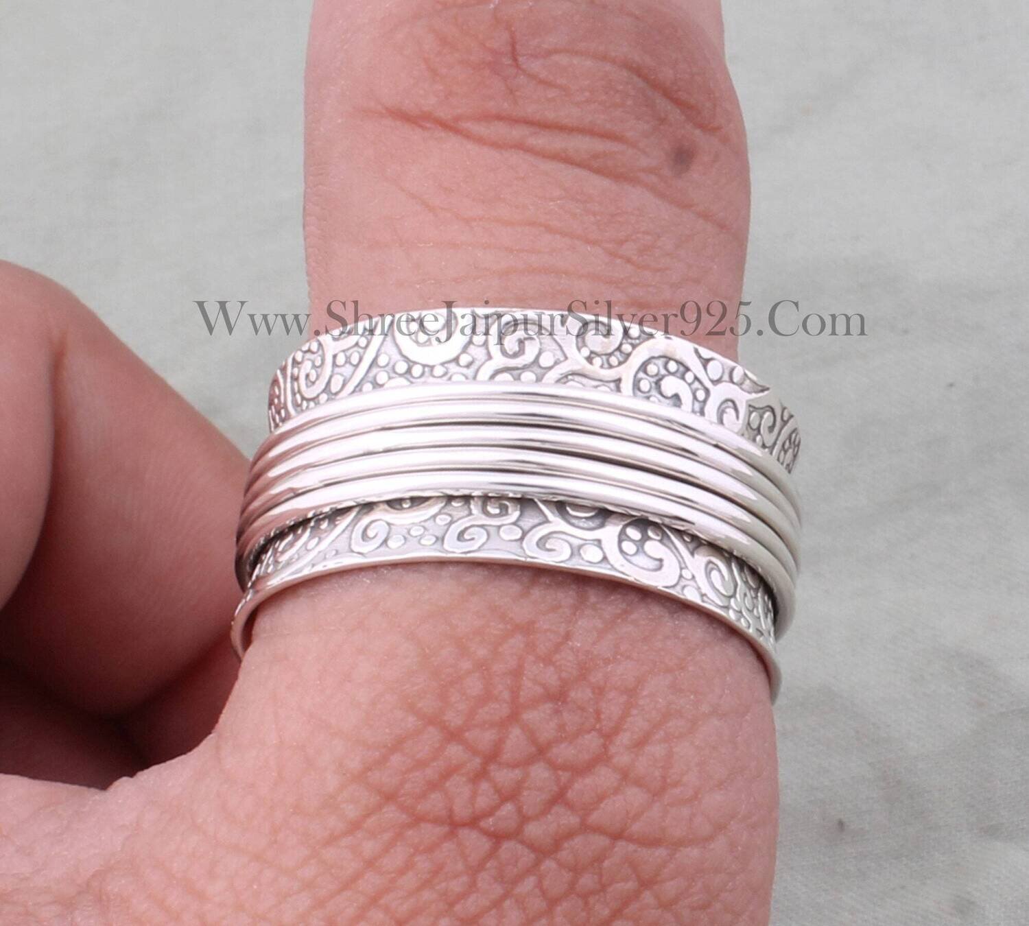 Solid 925 Sterling Silver Engraved Band Spinner Ring For Women, Handmade Textured Five Rings Meditation Band Fidget Anxiety Ring Gifts Idea