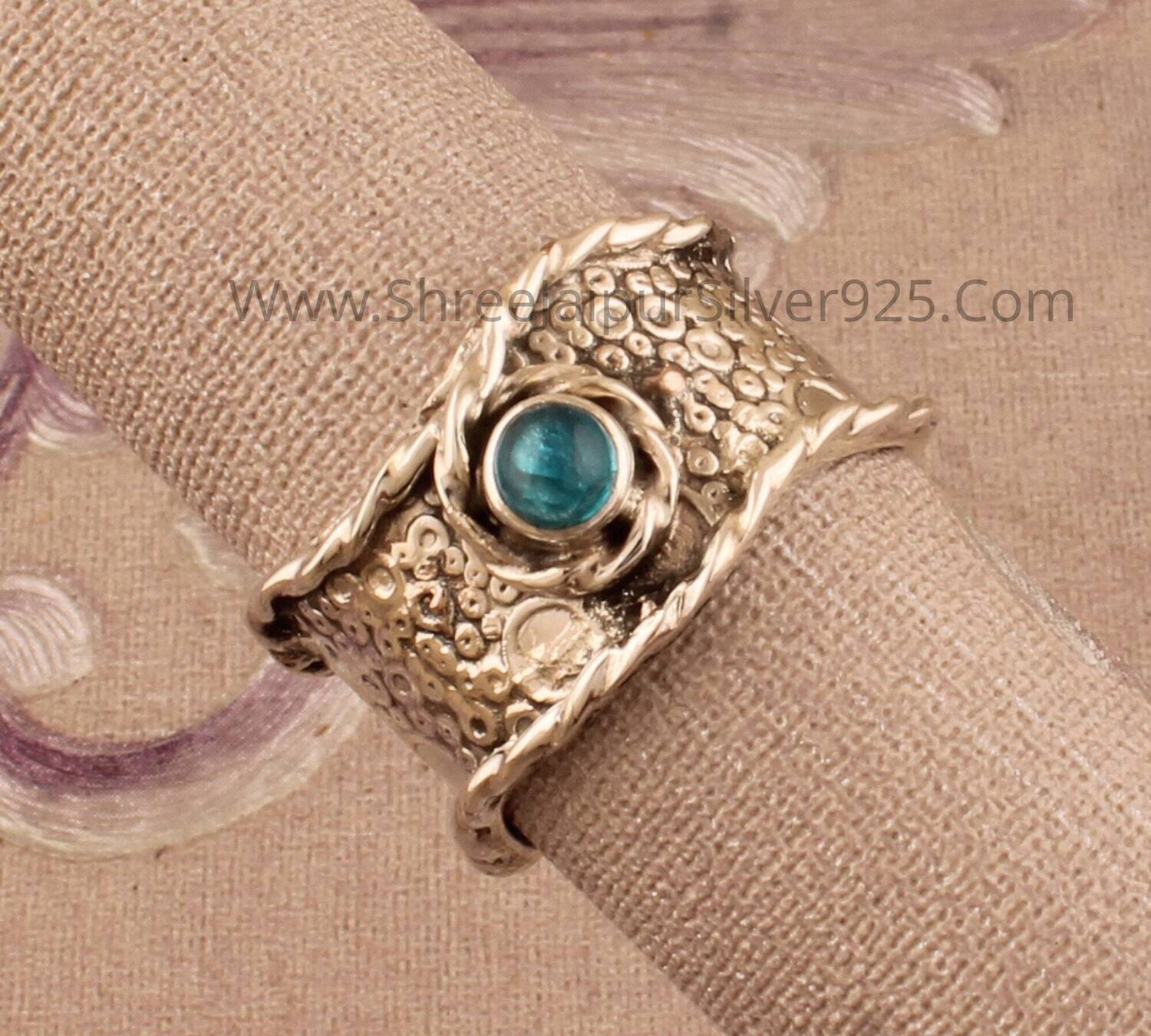Natural Blue Topaz Silver Ring, 925 Sterling Silver Round Shape Gemstone Ring, Designer Handmade Rope Band Ring, Engraved Carved Ring Gift