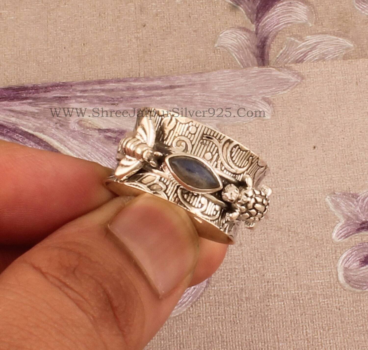 Natural Labradorite Turtle Honey Bee Solid 925 Sterling Silver Spinner Ring For Women, Handmade Engraved Band Ring, Boho Worry Anxiety Ring