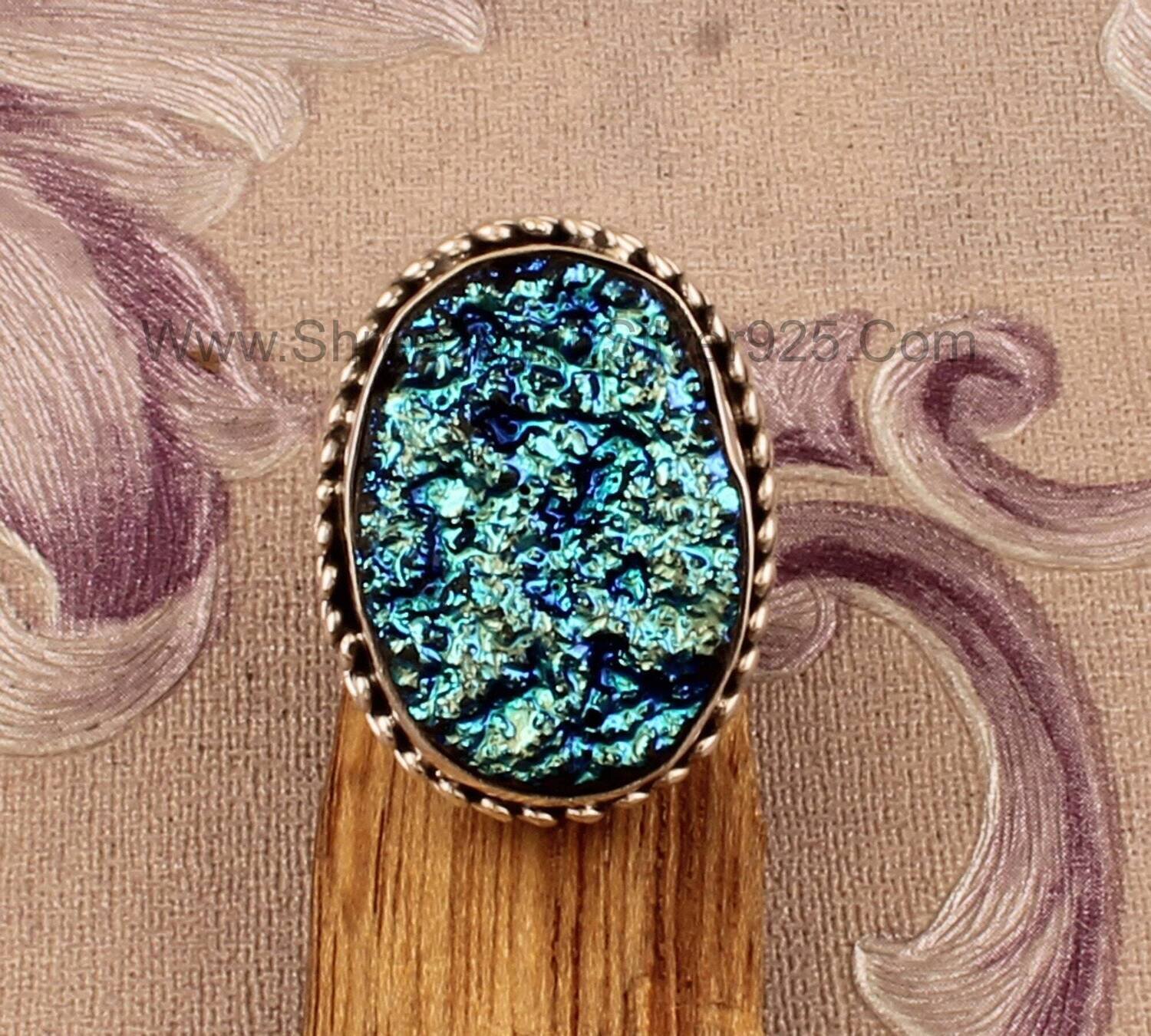 Three Layer 925 Sterling Silver Titanium Druzy Round Shape Rings, Designer Handmade Silver Band Rings, Women Wedding Jewelry For Women Gift