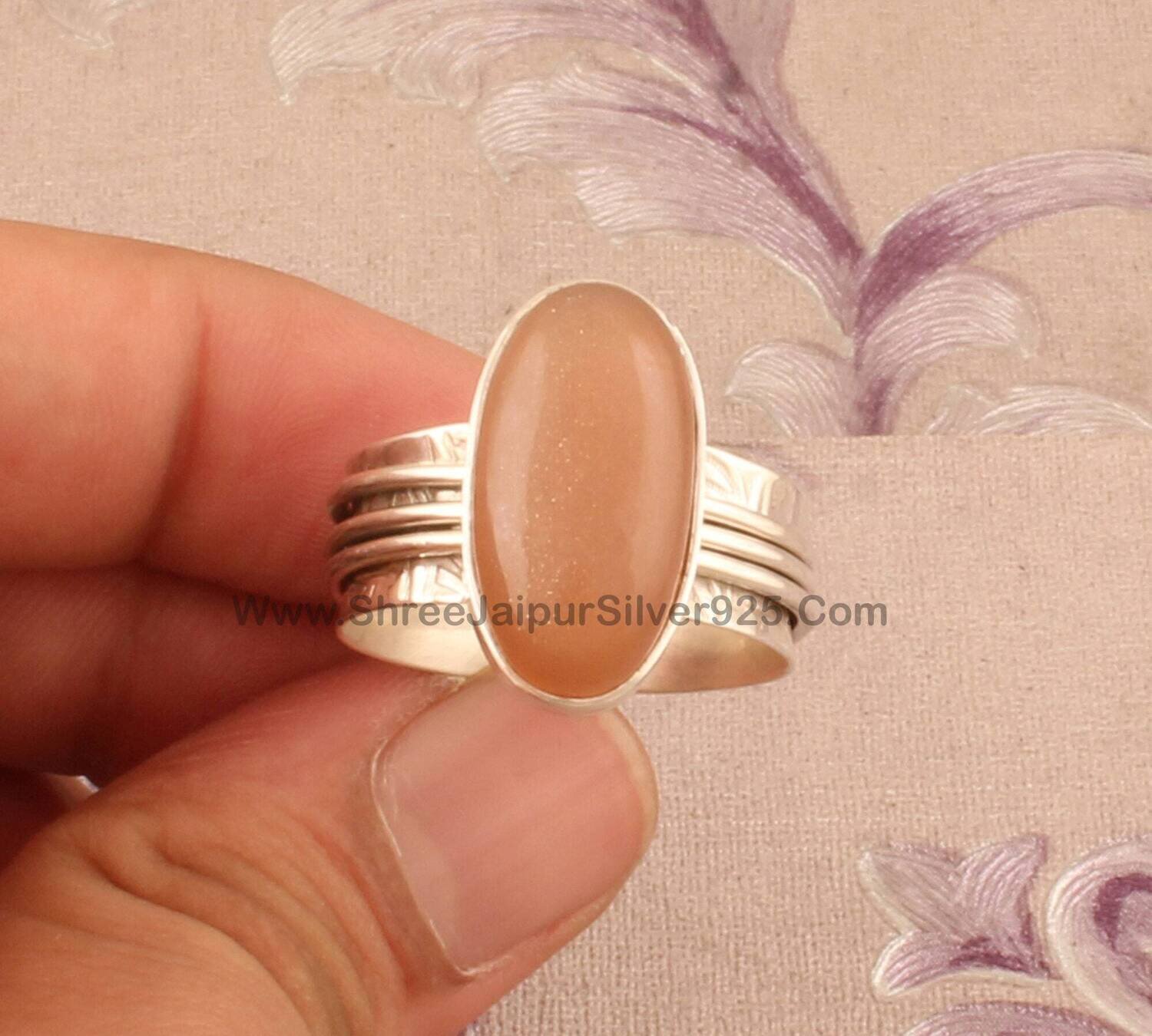 Peach Moonstone Quartz Oval Gemstone Spinner Ring, 925 Sterling Silver Carved Band Ring, Handmade Silver Meditation Ring, Present For Her