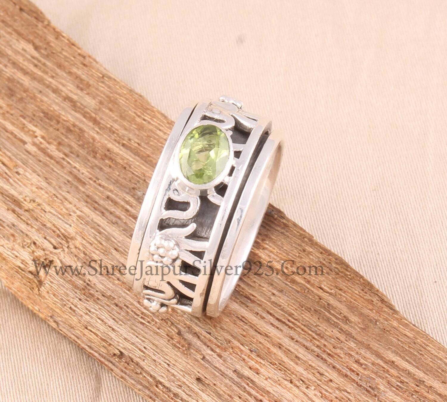 Natural Peridot Oval Cut Gemstone Solid 925 Sterling Silver Elephant Spinner Ring For Women, Handmade Band Anxiety Fidget Ring Gifts For Her