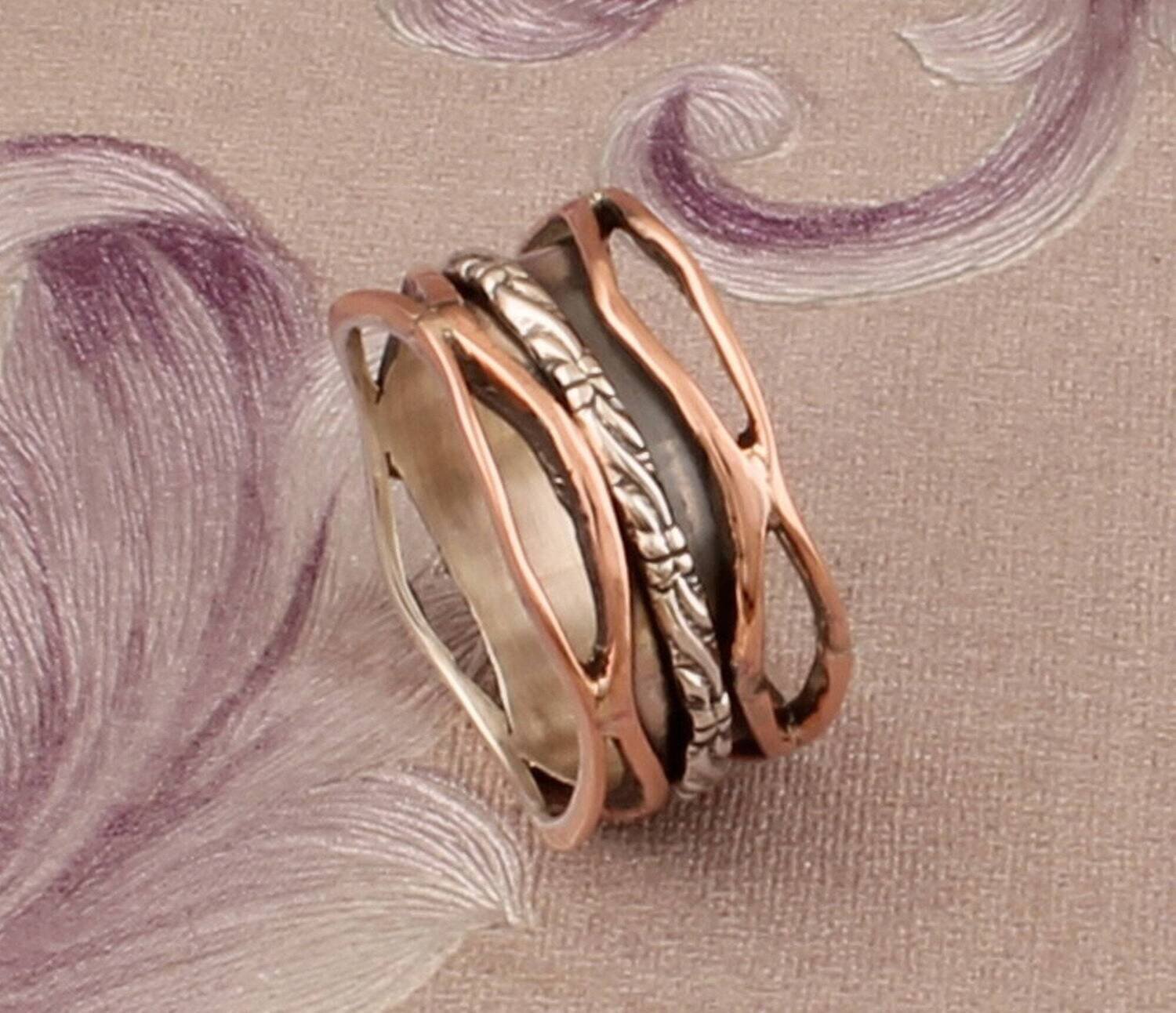 925 Sterling Silver &amp; Brass Designer Carved Spinner Ring, Handmade Two Tone Boho Meditation Ring, Valentine's Day Jewelry, Etsy Cyber 2021