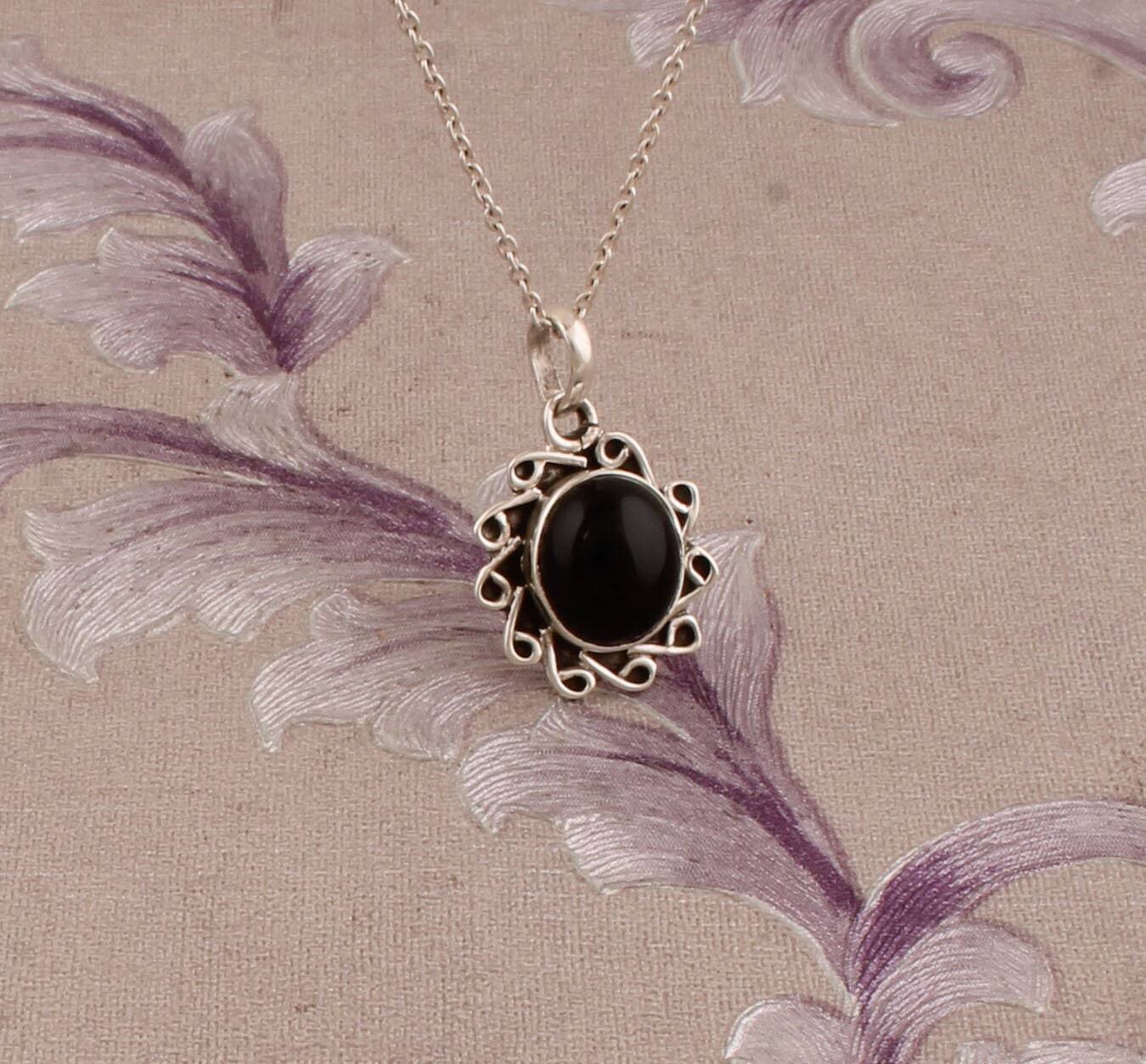 Top Quality Black Onyx Gemstone Necklace-Oval Cabochon Necklace- Women With Girls Necklace 925-Sterling Silver Pendant Gift For Her !!!