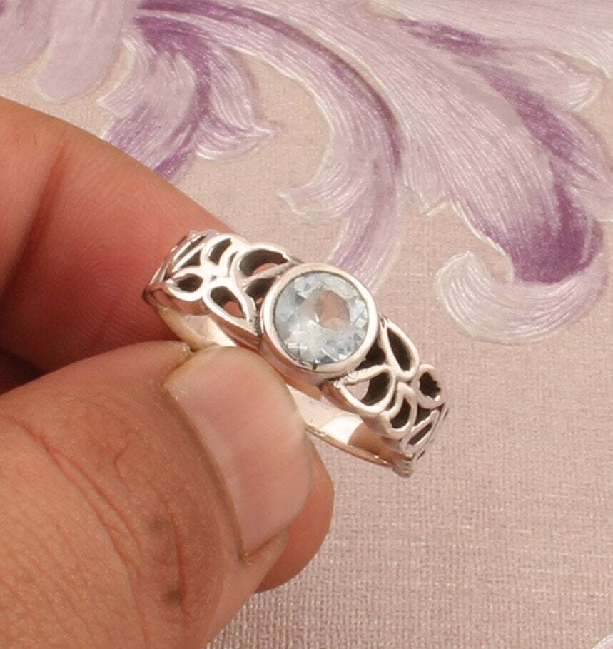 Blue Topaz Silver Ring, 925 Sterling Silver Round Gemstones Ring, Designer Filigree Silver Ring, Handcrafted Engagement Ring, Gift Idea