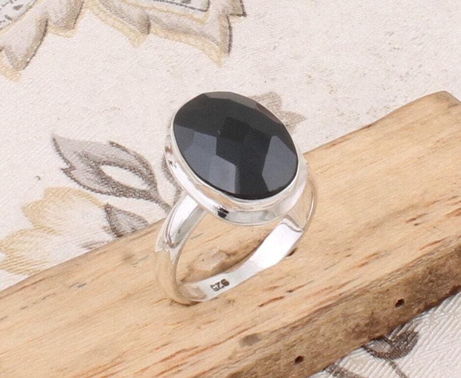 Natural Black Onyx Silver Ring, Solid 925 Sterling Silver Ring, Handmade Faceted Oval Onyx Gemstone Ring, Wedding Onyx Ring For Women Gift