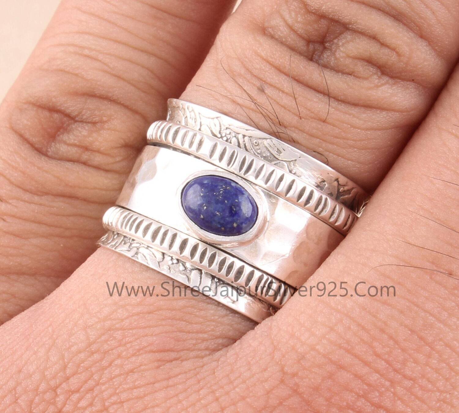 Lapis Lazuli Oval Band Solid 925 Sterling Silver Spinner Ring For Women, Handmade Hammered Band Anxiety Fidget Ring Gifts For Anniversary