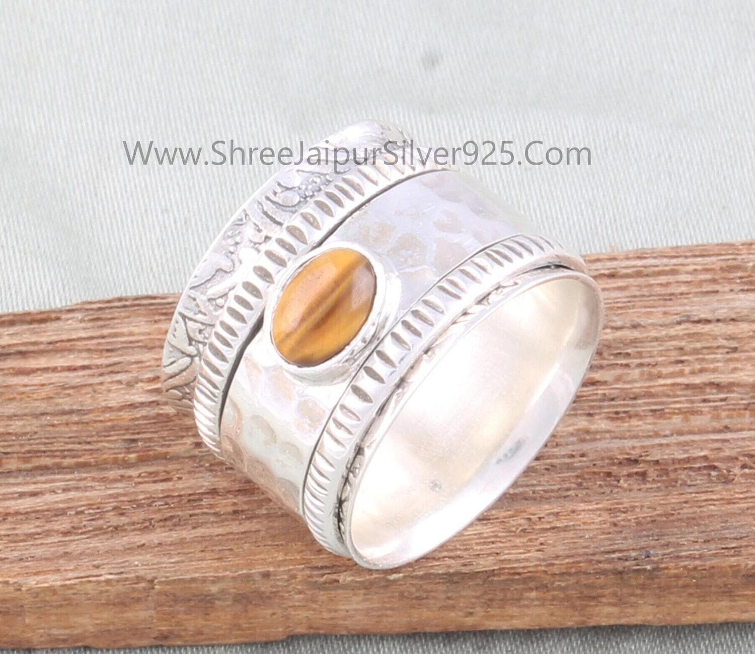 Tiger Eye Engraved Band Solid 925 Sterling Silver Spinner Ring For Women, Handmade Hammered Band Anxiety Fidget Ring Gifts For Anniversary