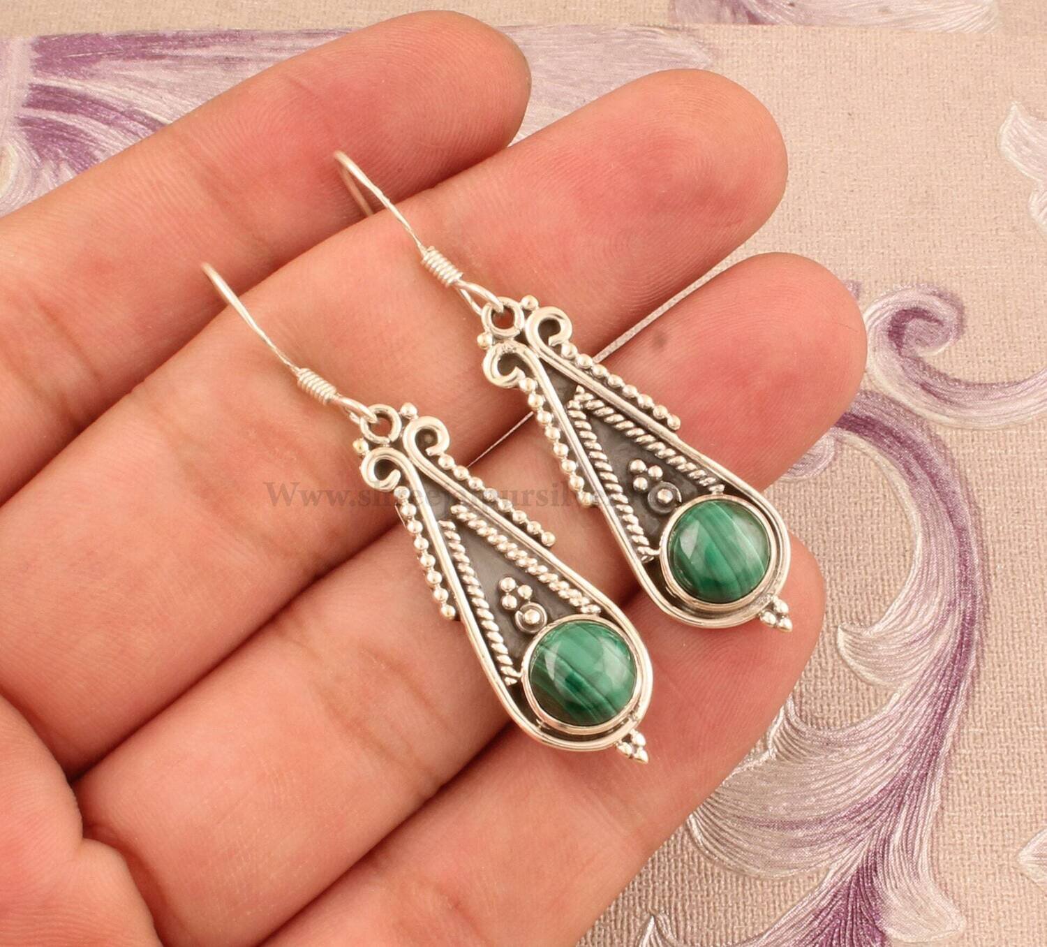 Bridesmaid Malachite Solid 925 Sterling Silver Earrings For Women, Handmade Bridal Round Indian Earrings For Wedding Anniversary Gift Idea