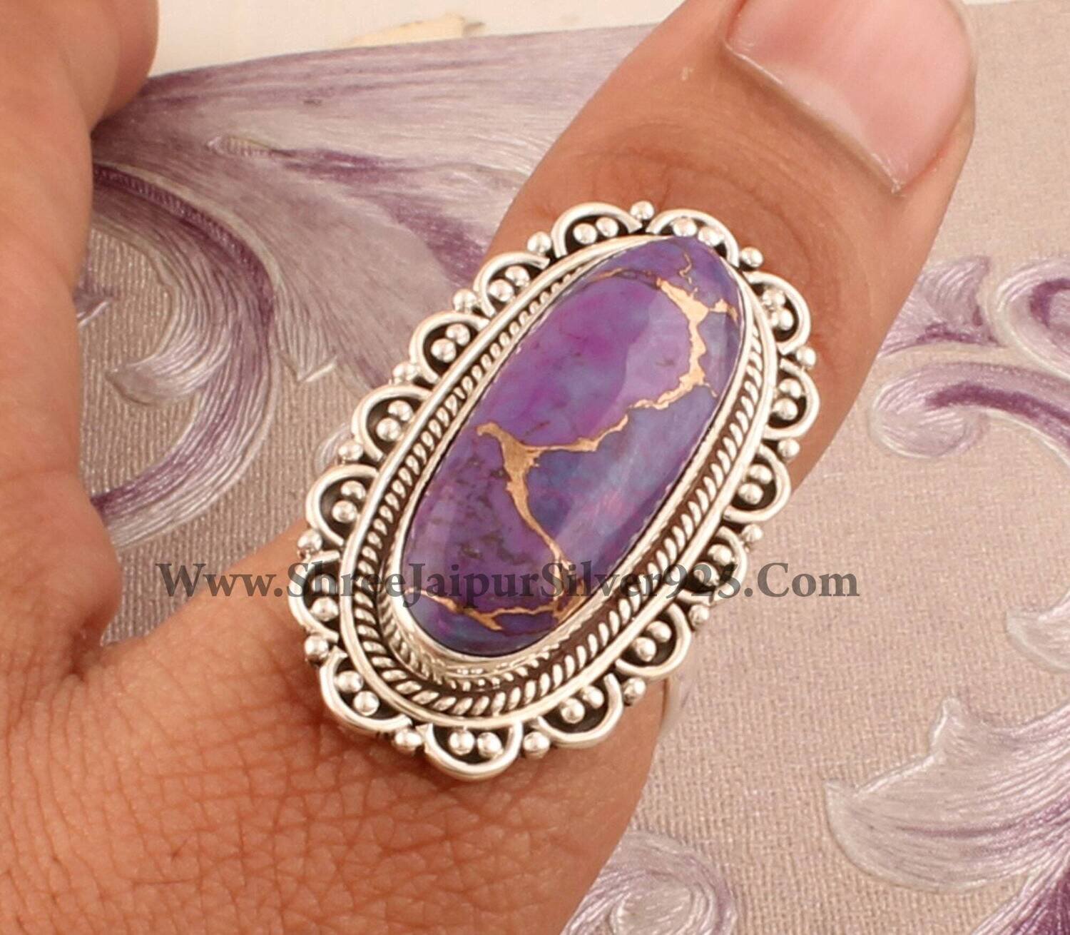 Purple Copper Turquoise Ring 925 Sterling Silver Rings For Women Oval Cabochon Handmade Gemstone Jewelry Engagement Vintage Anniversary Gift