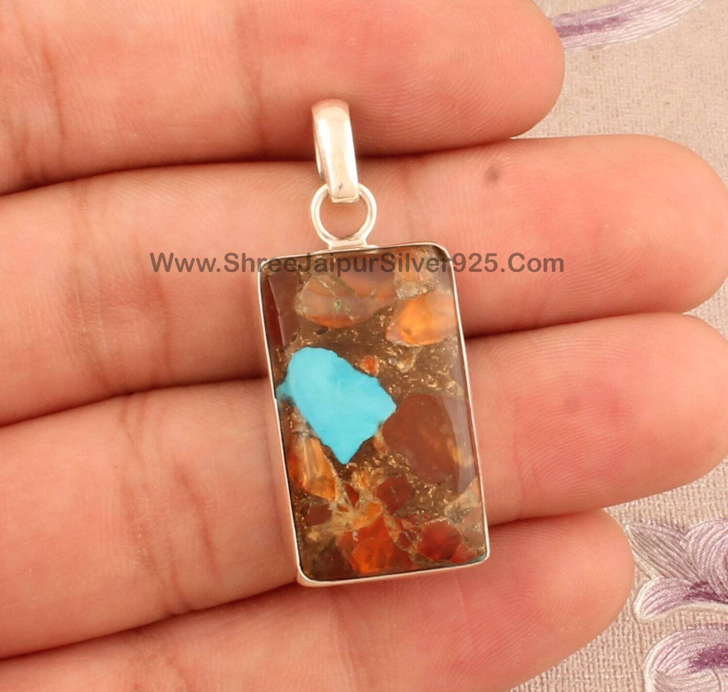 Boho Composite Turquoise  Gemstone Silver Pendant,925 Sterling Silver Turquoise Necklace Pendant,Bridal Jewelry, Turquoise Pendent Gift Idea