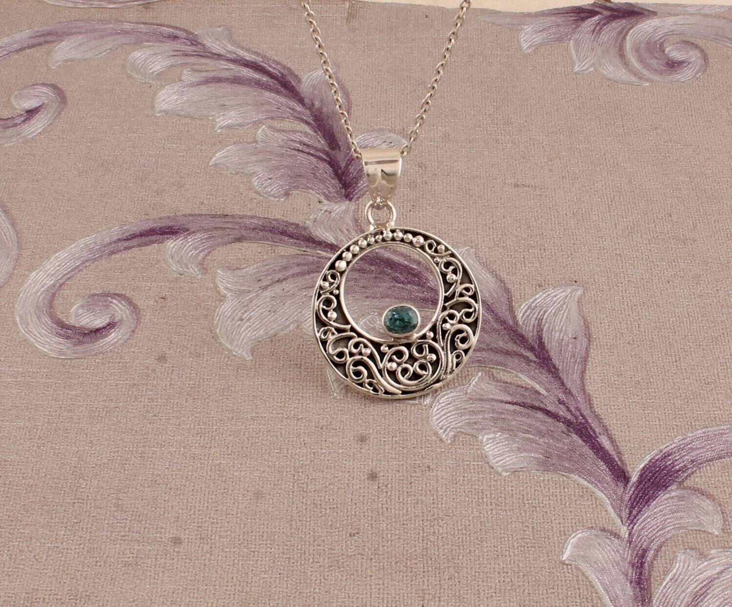Top Quality Blue Topaz Gemstone Necklace-Round Cut Necklace-December Birth Stone Necklace 925-Antique Silver Pendant Gift For Her !!!