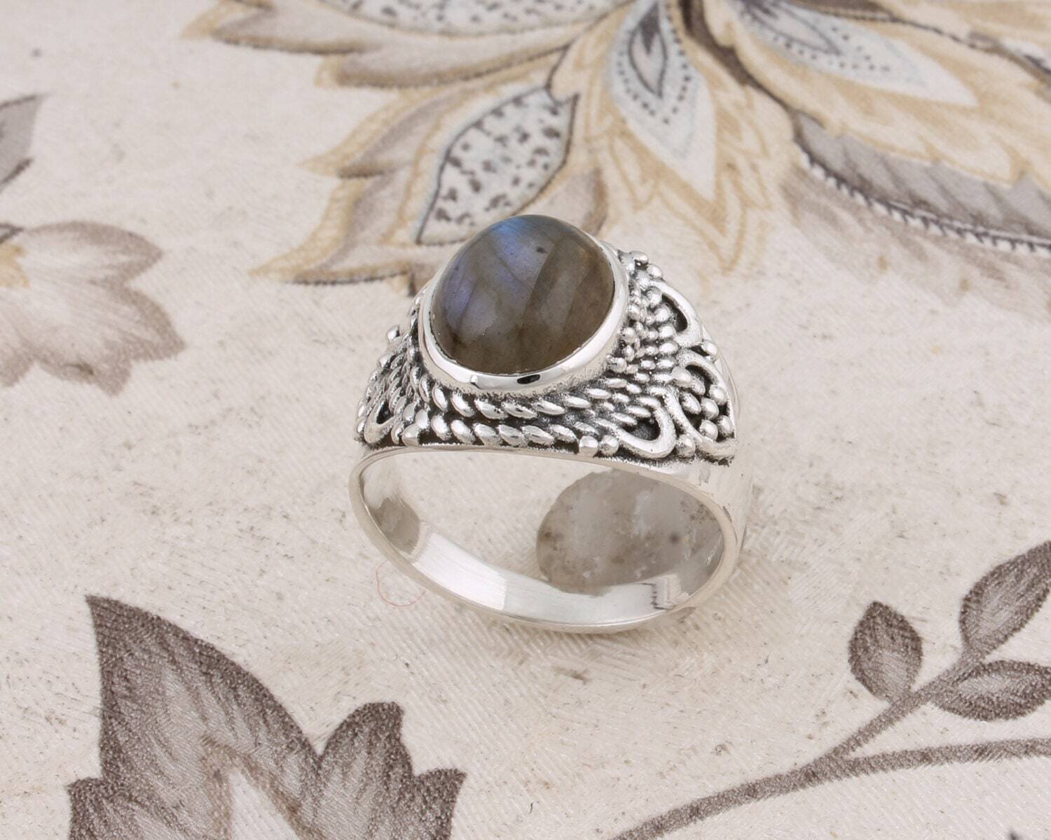 Handcrafted Ring With Natural Labradorite Gemstone Ring Blue Fire Stone Boho Ring 925-Sterling Solid Silver Ring Finger Ring L# 282919-R