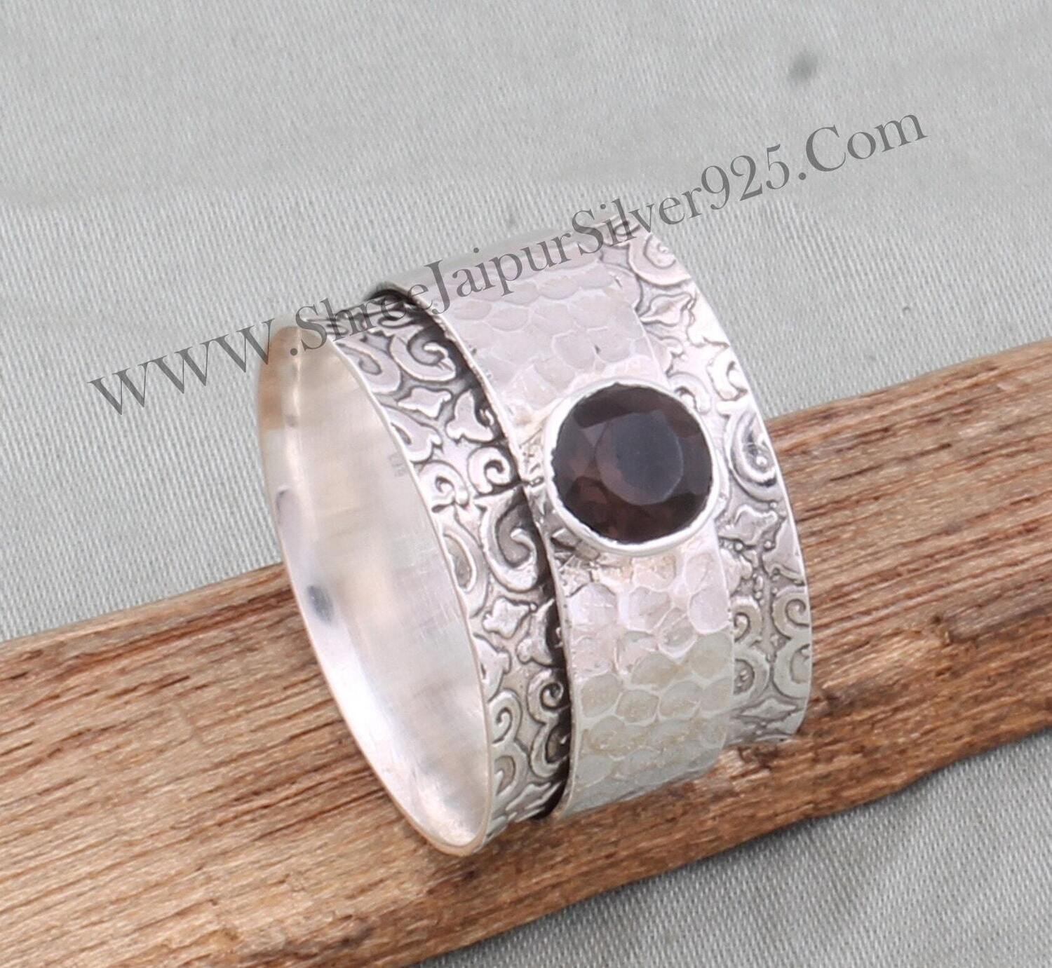 Smoky Topaz Round Band Solid 925 Sterling Silver Spinner Ring For Women, Handmade Hammered Band Anxiety Fidget Ring Gifts For Anniversary