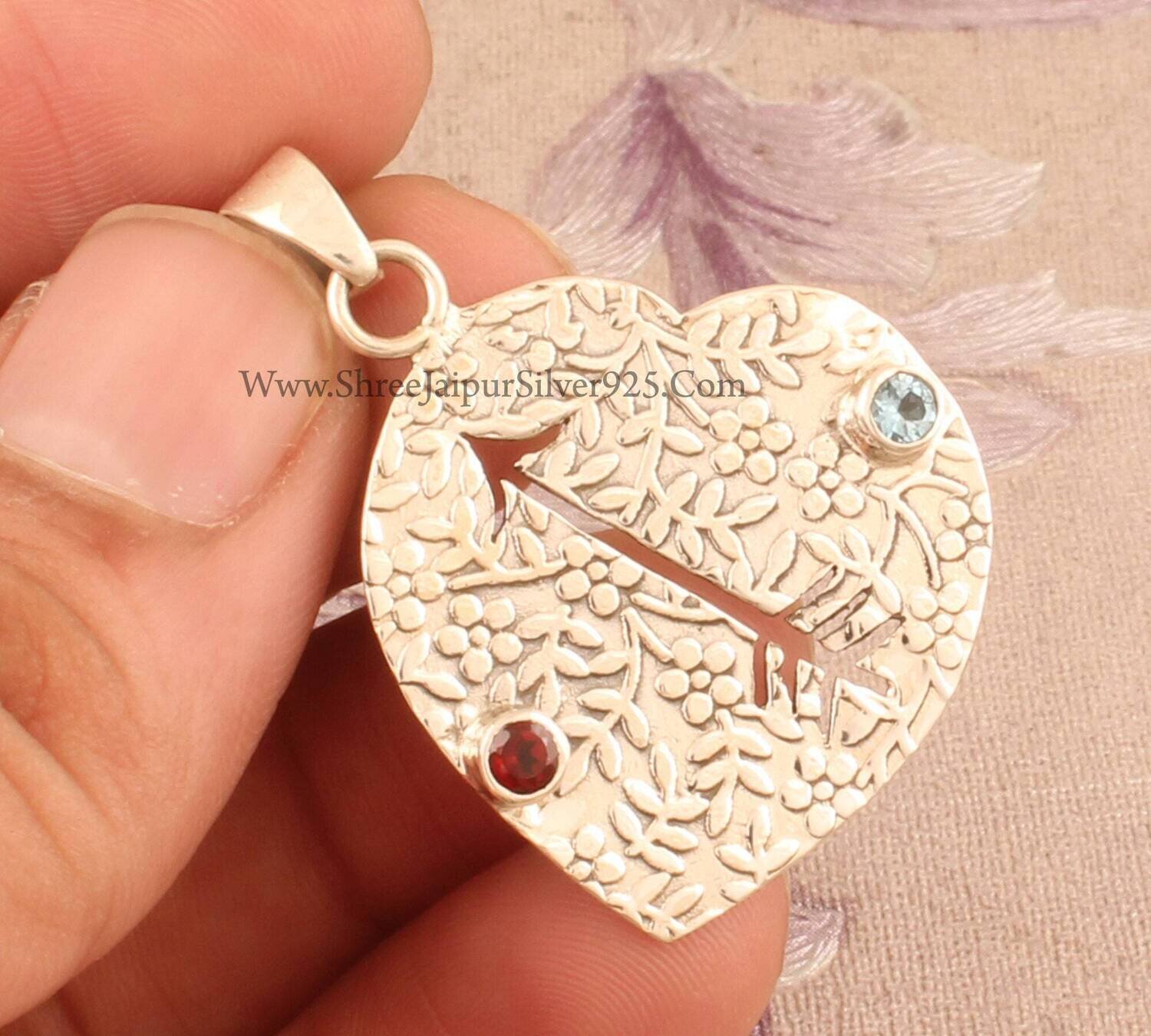 Hand Caved Leaves Silver Heart Necklace Pendant, Natural Red Garnet &amp; Blue Topaz Gemstone Pendant, 925 Sterling Silver Arrow Pendant Gift