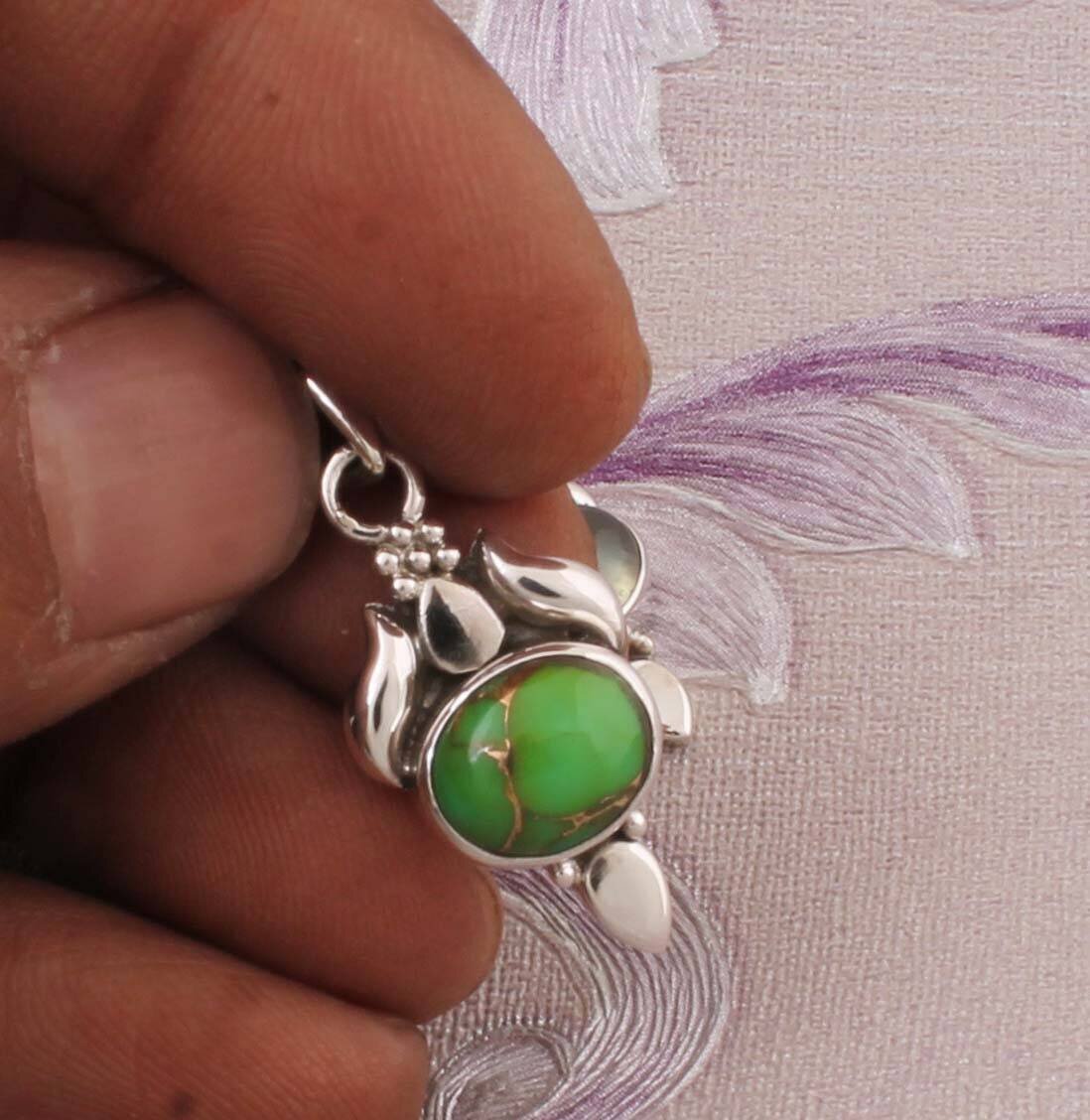 Composite Green Copper Turquoise Gemstone Pendant, Cabochon Pendant 925-Antique Sterling Silver Solid Pendant, Anniversary Wedding Gift
