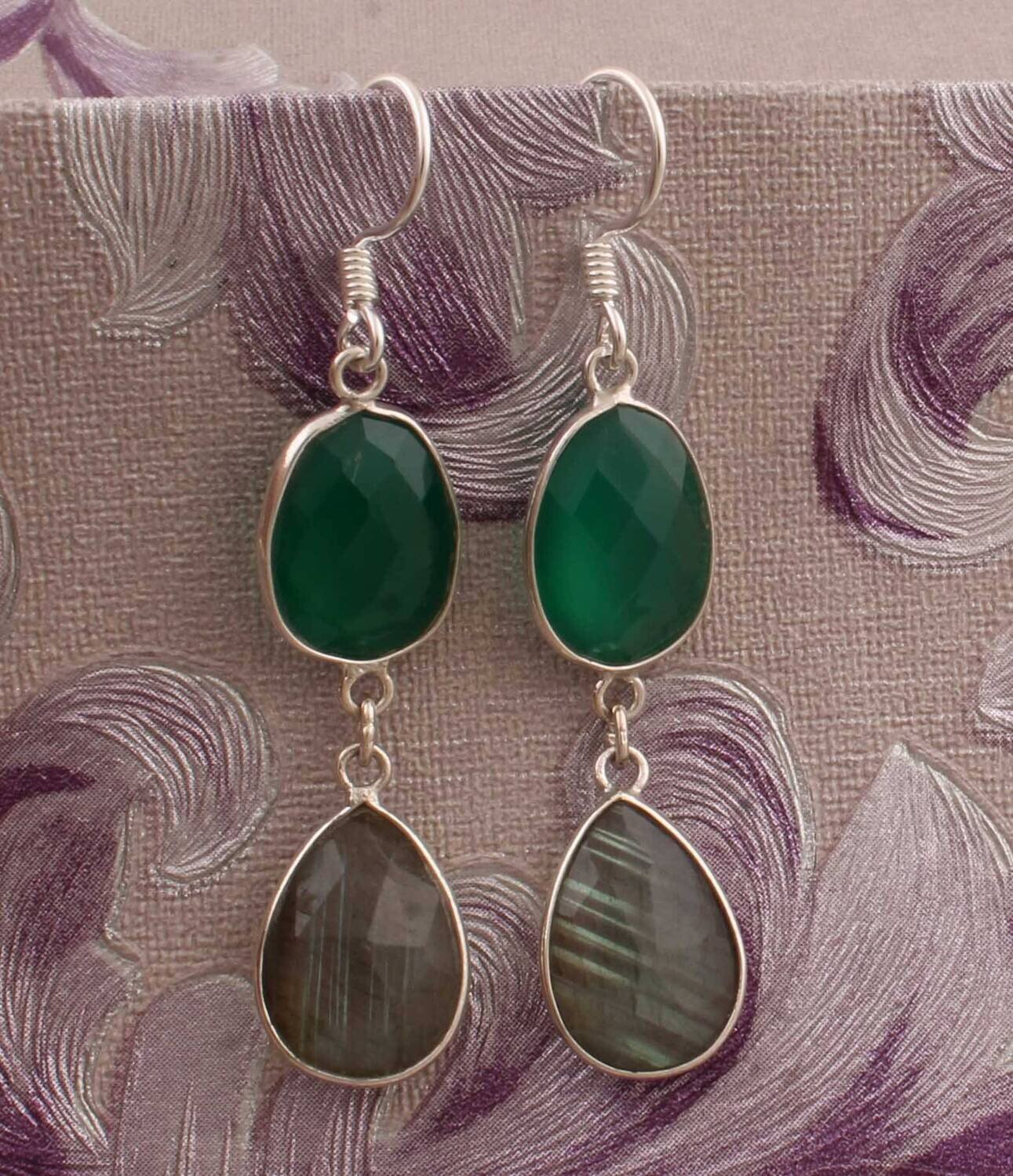 Combo Gemstone Earring Labradorite+Green Onyx Gemstone Earring 925-Sterling Silver Earring Big Size Earring Gift For Her EarringCyber2021