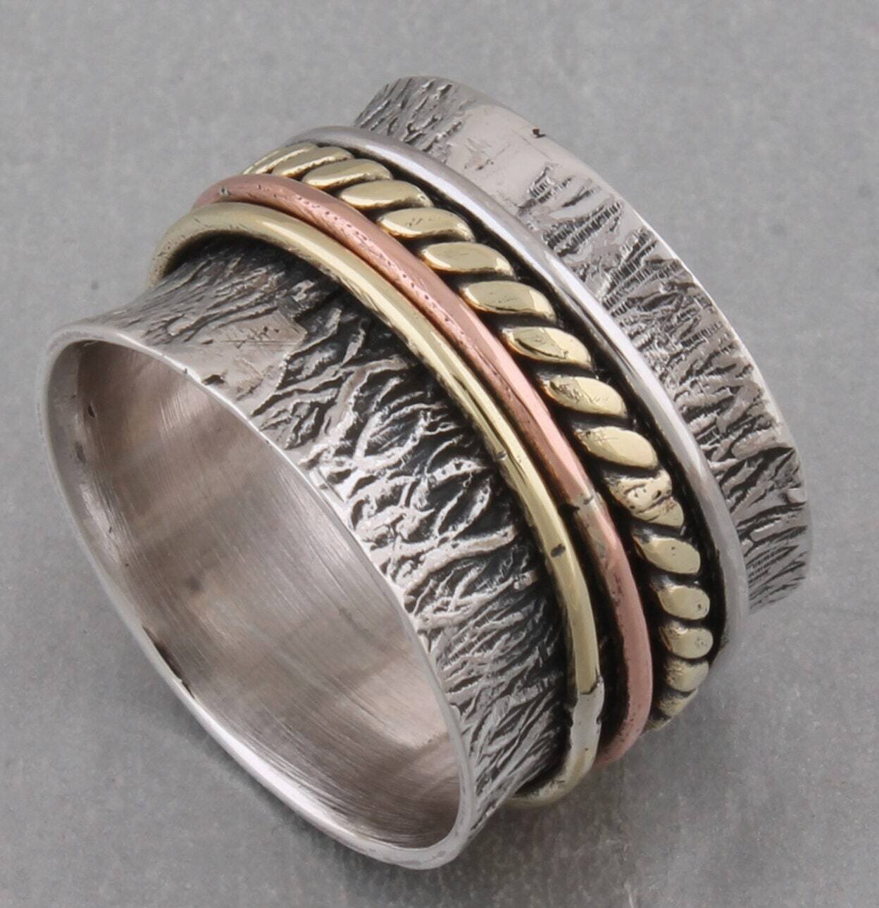 Three Tone 925 Sterling Silver & Brass Spinner Ring For Women, Handmade Textured Band Meditation Ring For Wedding Anniversary Gift Idea