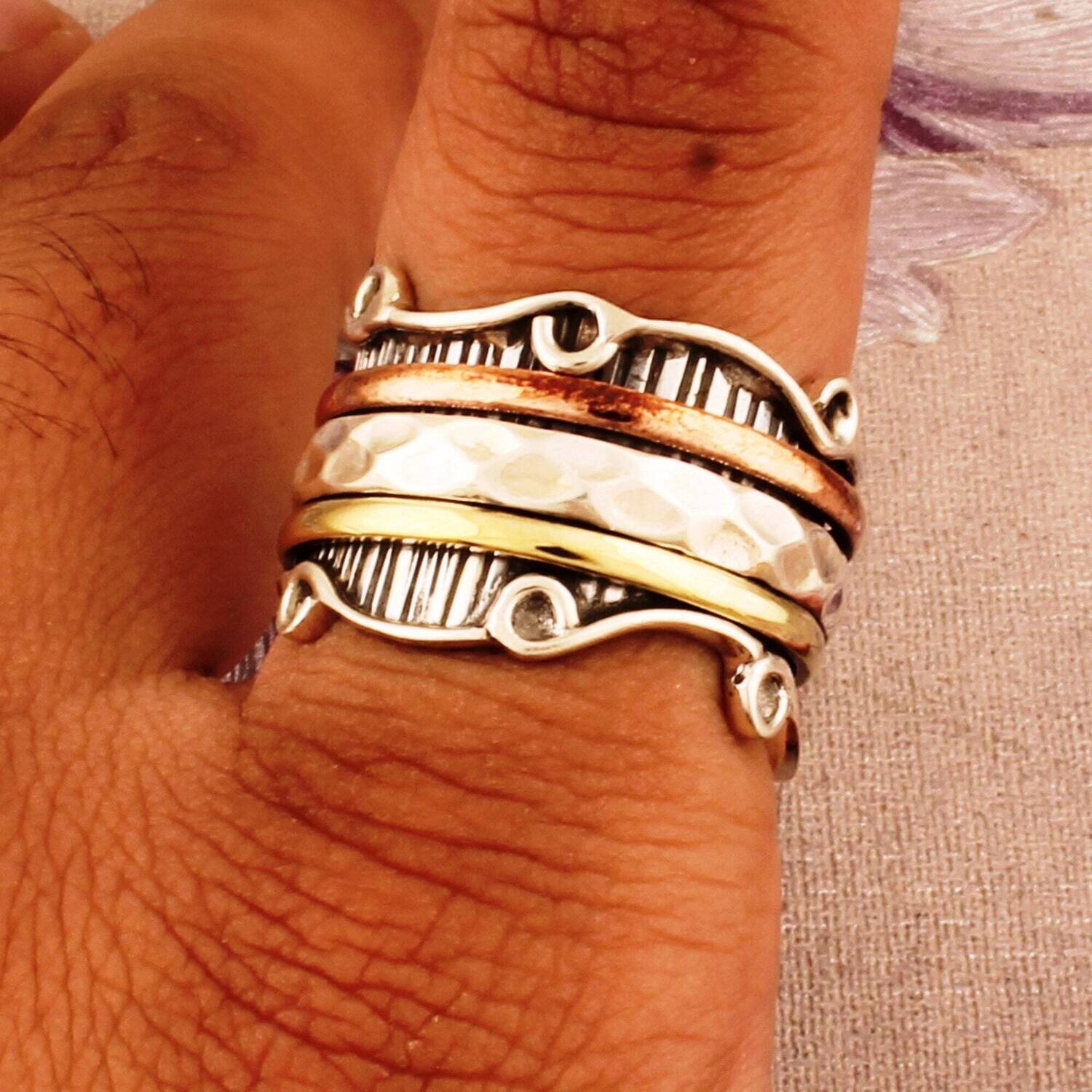 Three Tone Ring 925-Sterling Silver Ring,Spinner Ring,Antique Silver Ring,Brass With  Copper With Silver Spinner Ring Thumb Ring Gift Ring