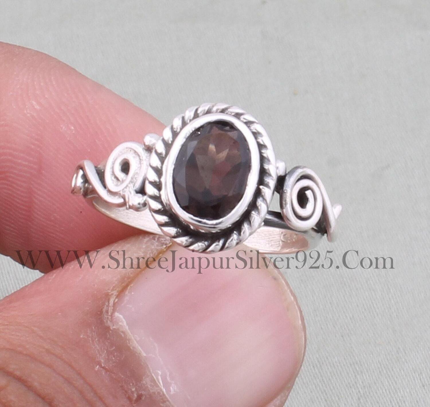 Spiral Design Rope Wire Silver Ring, Natural Smoky Topaz Solid 925 Sterling Silver Ring , Faceted Oval Gemstone Ring For Women Wedding Gift