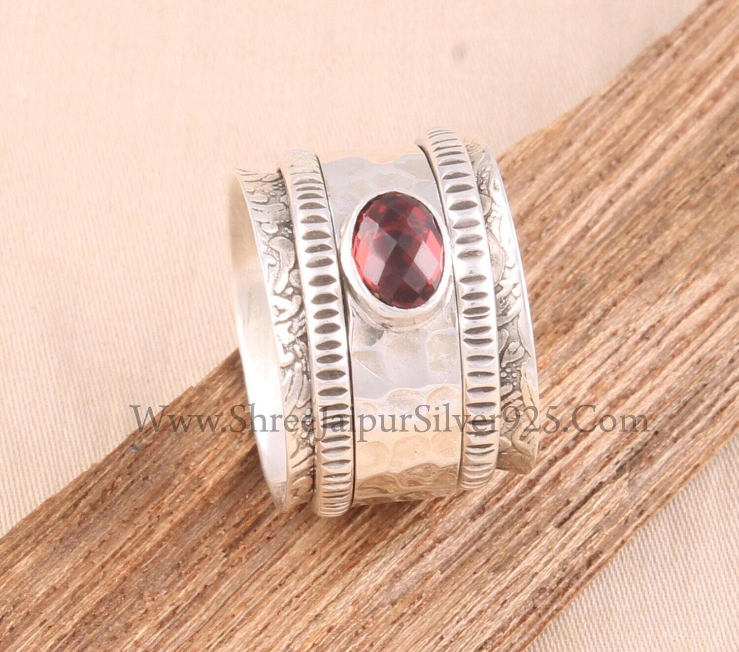 Natural Garnet Oval Band Solid 925 Sterling Silver Spinner Ring For Women, Handmade Hammered Band Anxiety Fidget Ring Gifts For Anniversary