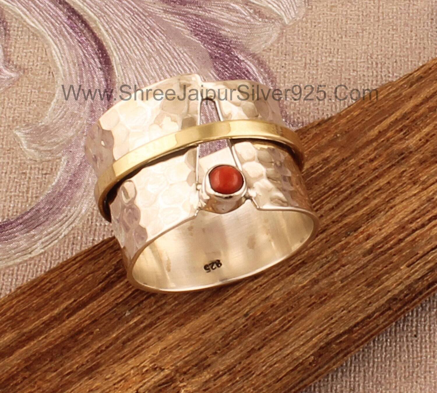 Red Coral Gemstone Two Tone Spinner Ring, 925 Sterling Silver &amp; Brass Spinner Designer Handmade Boho Meditation Ring, Gift Jewelry For Women