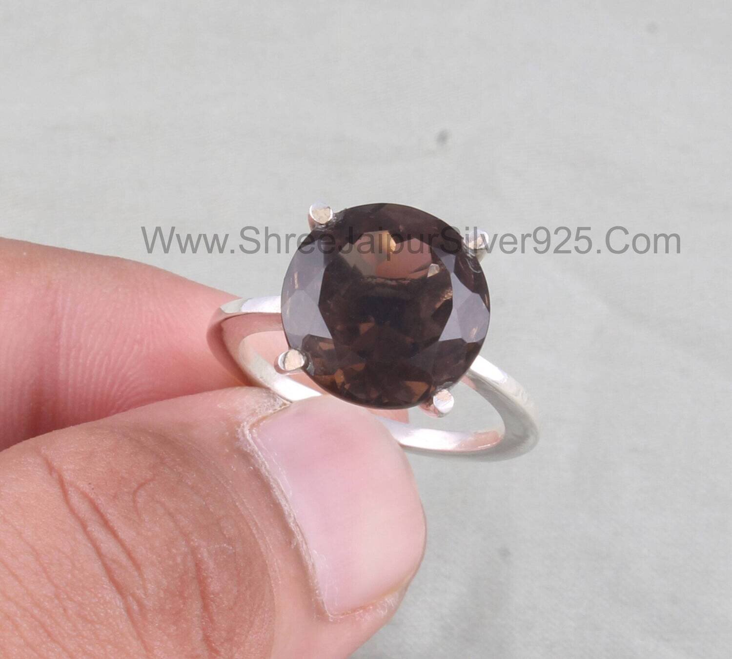 Smoky Topaz Round Cut Prong Set Stone Solid 925 Sterling Silver Ring For Women, Handmade Prong Set Ring For Wedding Anniversary Gift Idea