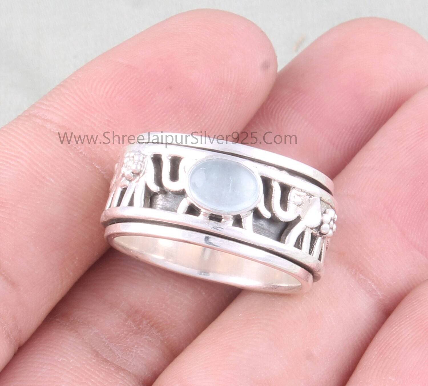 Natural Aquamarine Oval Solid 925 Sterling Silver Elephant Spinner Ring For Women, Handmade Band Anxiety Fidget Ring Gifts For Anniversary