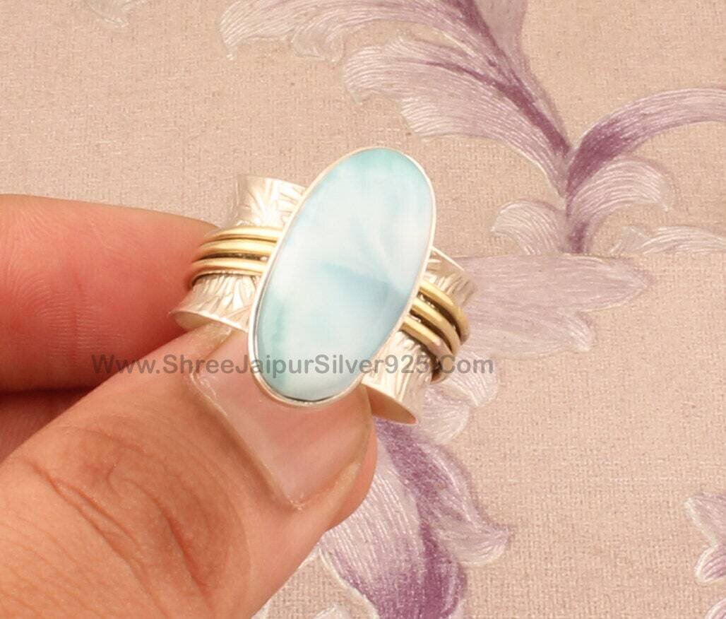 Natural Larimar Oval Gemstone Spinner Ring, Solid 925 Sterling Silver & Brass Ring, Handmade Two Tone Meditation Ring, Women Worry Ring,Gift