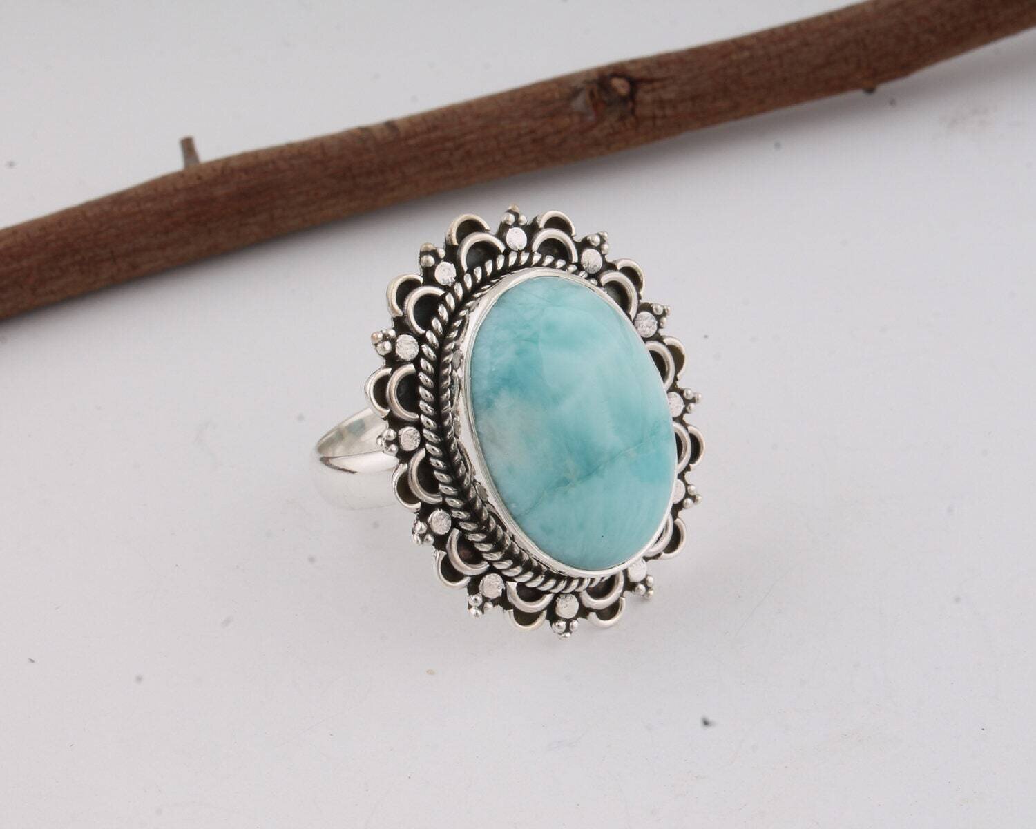 Natural Amazing Larimar 925-Silver Ring AAA+ Quality Sky Blue Color Stone And Silver Color Ring Handmade Gemstone L#-282903-R Antique Silver
