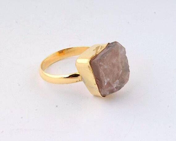 Handmade Brass Ring - Gold Vermeil Ring - Raw Rose Quartz Ring - Gold Bezel Ring - Raw Stone Ring - Adjustable Ring - Stackable Ring