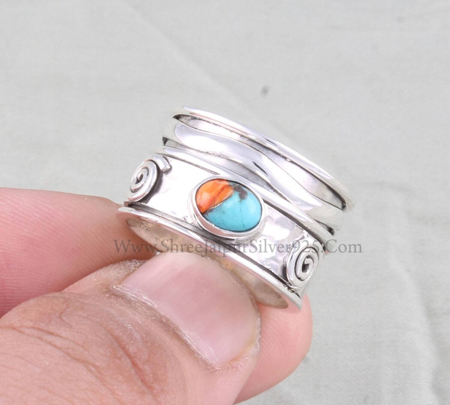 Oyster Copper Turquoise Solid 925 Sterling Silver Spinner Ring For Women, Handmade Wave Spiral Band Ring For Wedding Anniversary Gift Idea