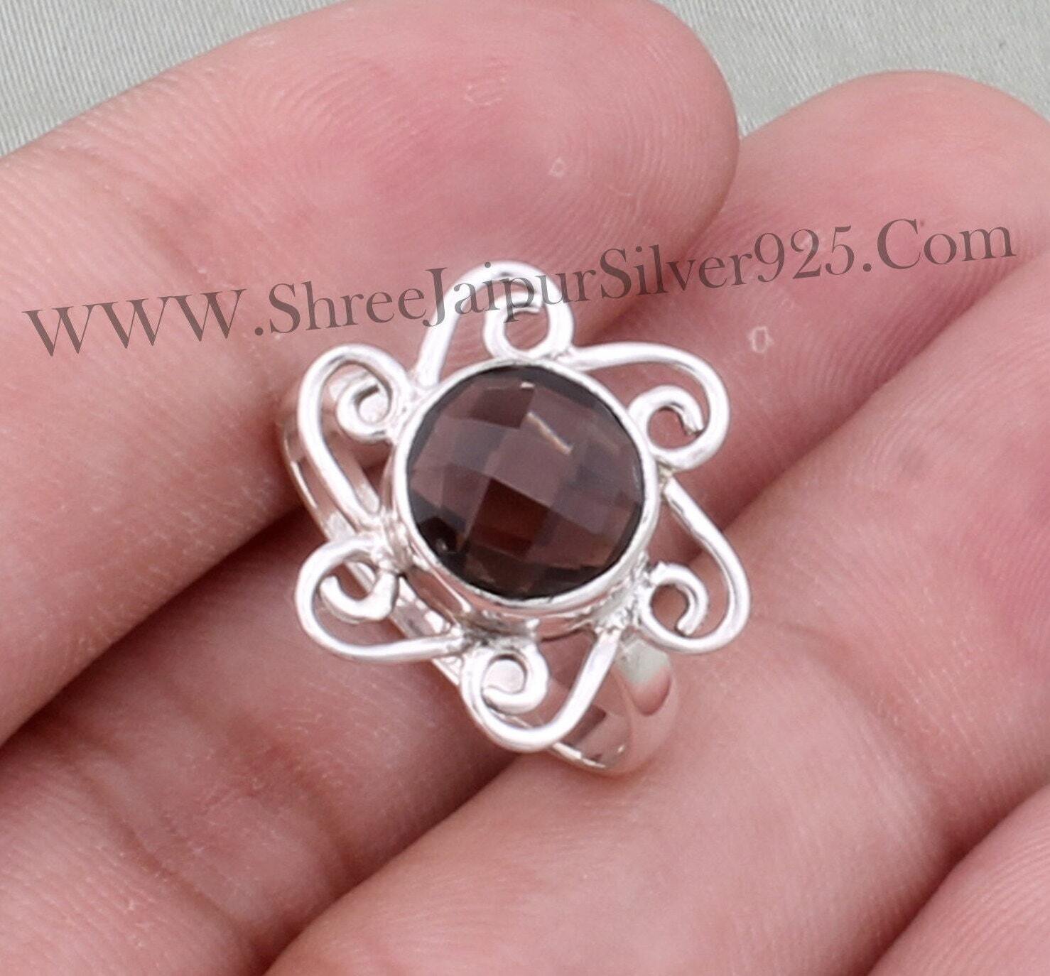 Smoky Topaz Solid 925 Sterling Silver Ring For Women, Handmade Faceted Cut Round Gemstone Solid Silver Flower band Ring For HerBirthstone