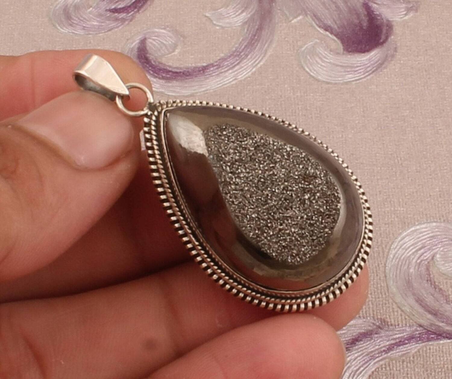 Pyrite Druzy Silver Pendant, 925 Sterling Silver Pendant, Druzy Pear Pendant, Designer Rope Pendant, Handcrafted Pendant, Christmas Gift