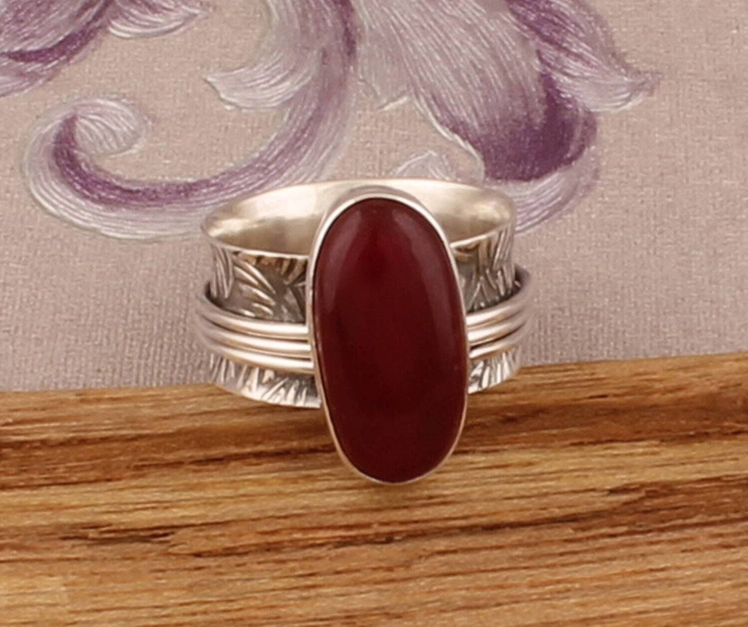 925 Sterling Silver Red Jade Oval Gemstone Spinner Ring, Handmade Carved Textured Meditation Ring, Valentine's Day Jewelry, Etsy Cyber 2021