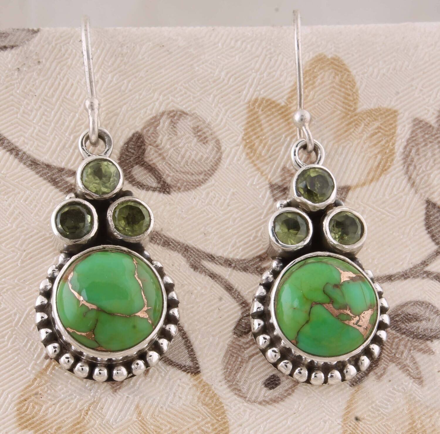 Composite Turquoise+Peridot Gemstone Earring Cabochon &amp; Cut Stone's Boho Earring 925-Antique Silver Earring,Combo Earring Gift For Her