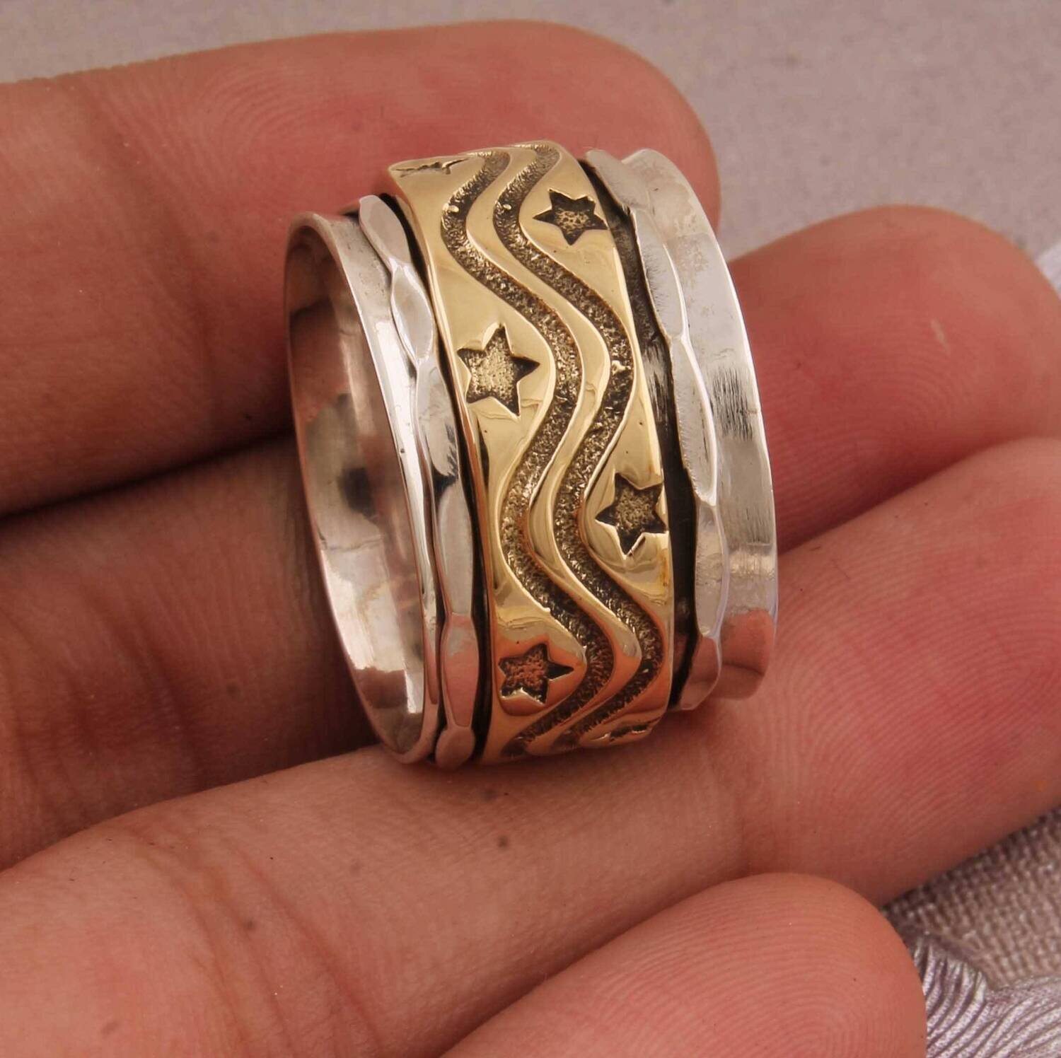 Big Size 925 Sterling Silver Ring (SPINNER RING) Two Tone Ring Brass+Silver Spinner Ring,Band Ring,Thumb Ring,Cyber2021Bestseller2021Etsy