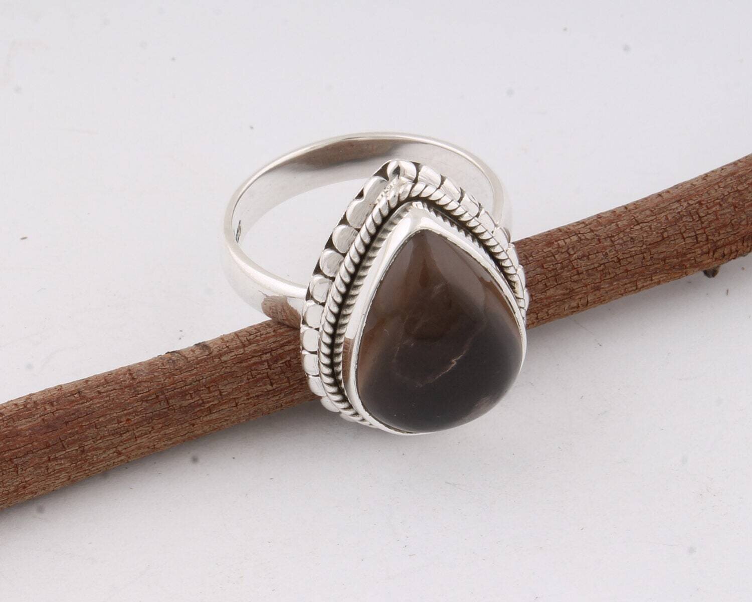Silver Ring 925 Sterling Silver Ring with Smokey Gemstone-Handmade Silver Ring-Gemstone Silver Ring-Boho Midi Ring Antique SilverCyber2021