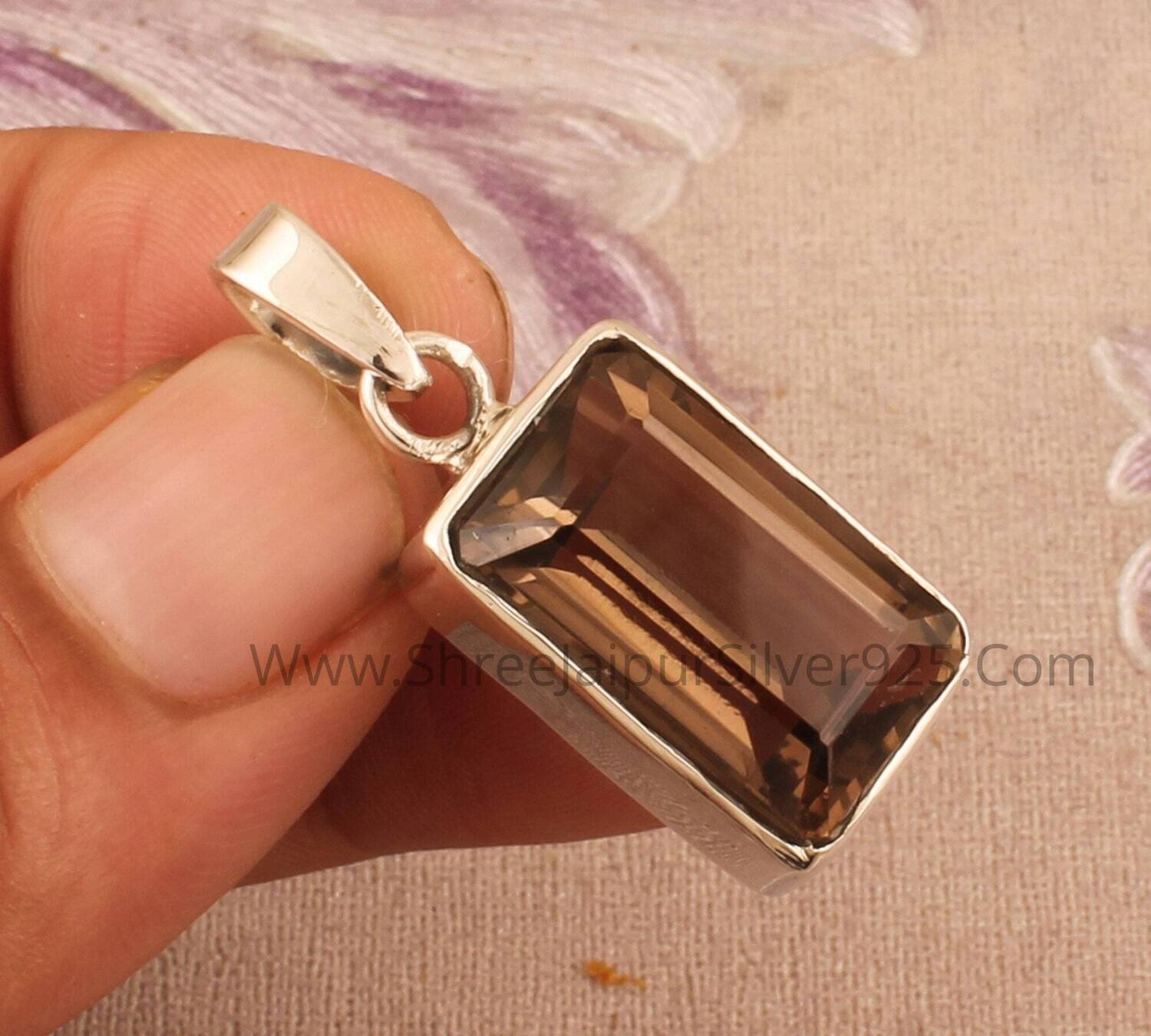 925 Sterling Silver Natural Smoky Quartz Pendant Necklace, Smoky Rectangle Shape Necklace, Handmade Gemstone Necklace Women Jewelry Gift