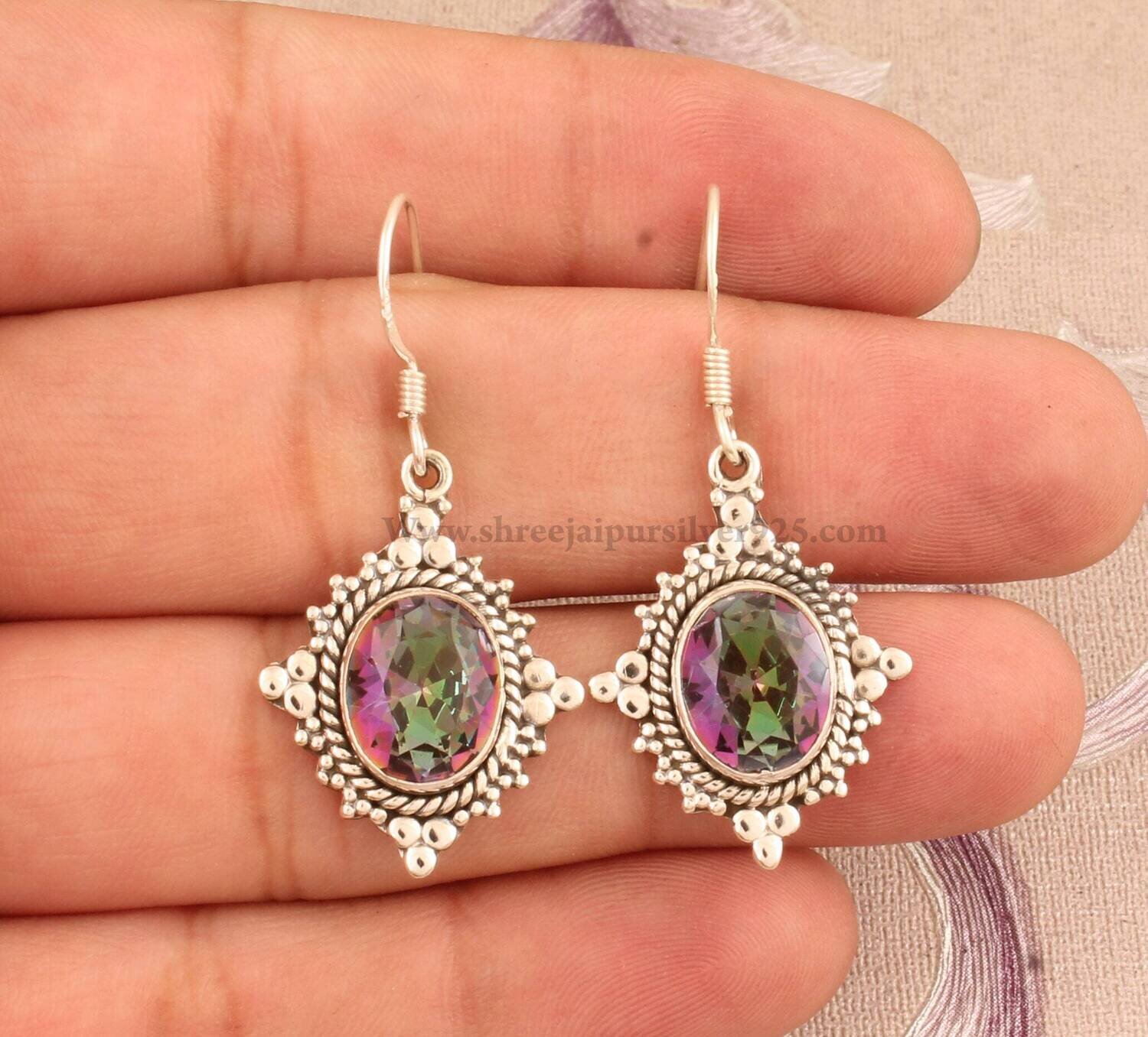 Rainbow Mystic Quartz Solid 925 Sterling Silver Earrings For Women Handmade Oval Cut Stone Indian Earrings For Wedding Anniversary Gift Idea